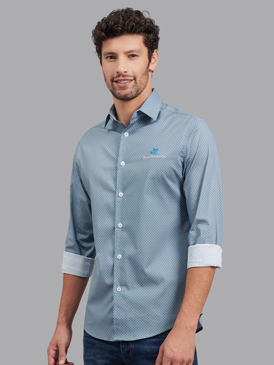 

Beverly Hills Polo Club Men Blue Slim Fit Printed Cotton Blend Casual Shirt