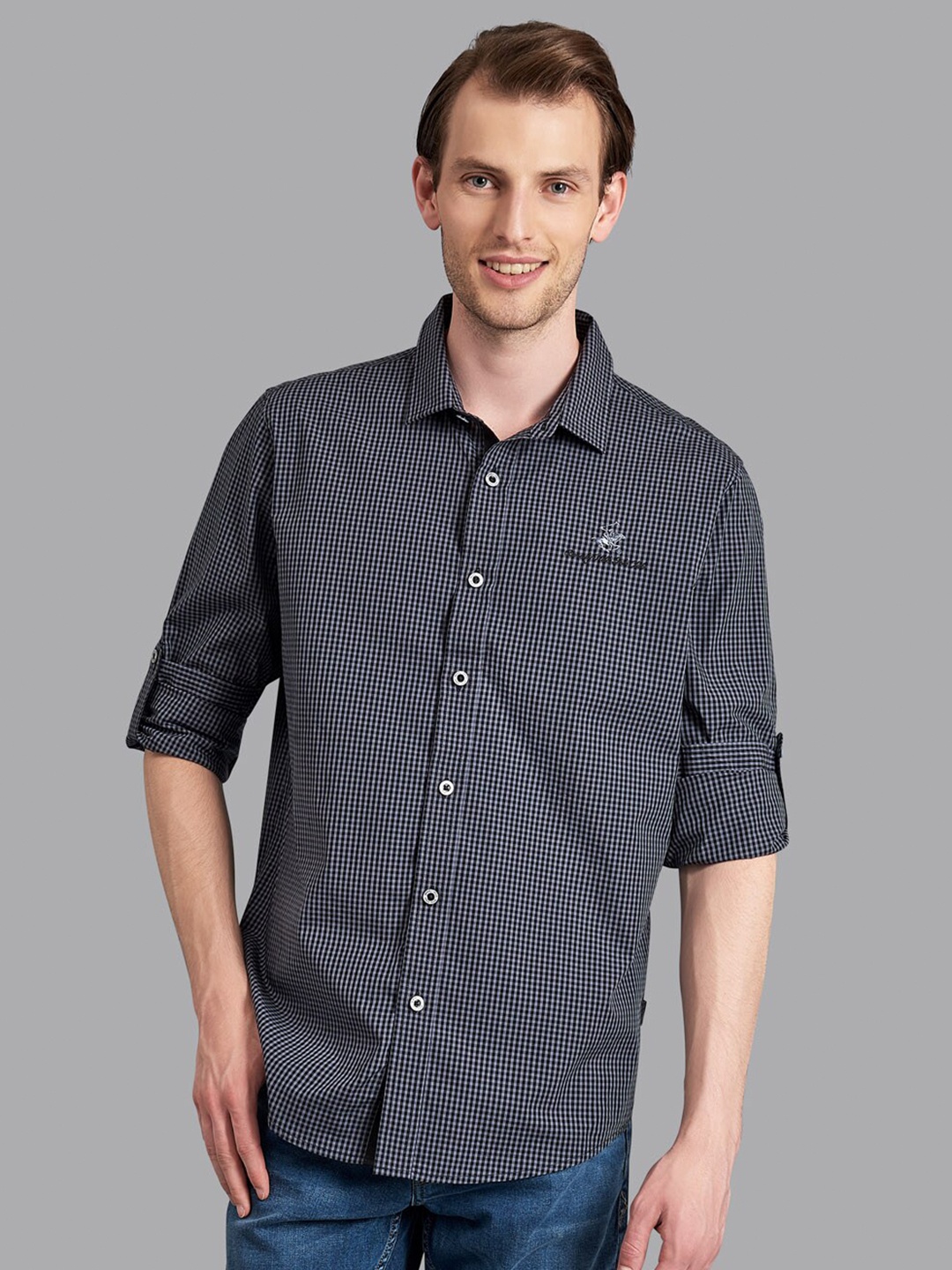 

Beverly Hills Polo Club Men Black & Grey Checked Cotton Casual Shirt