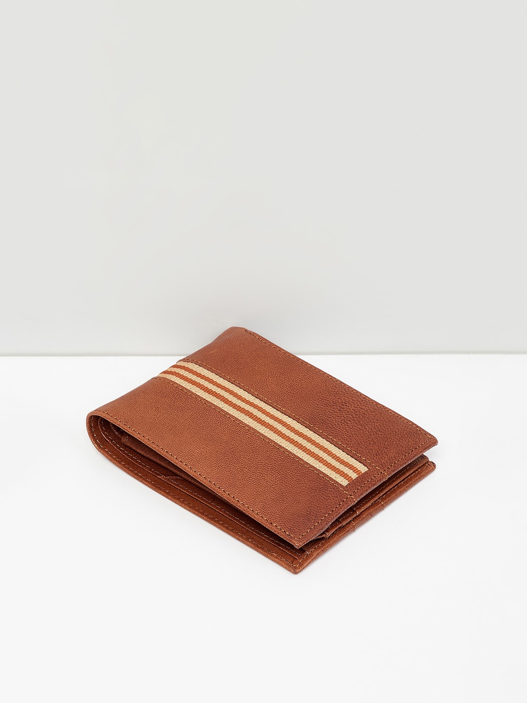 

max Men Tan Striped Leather Two Fold Wallet