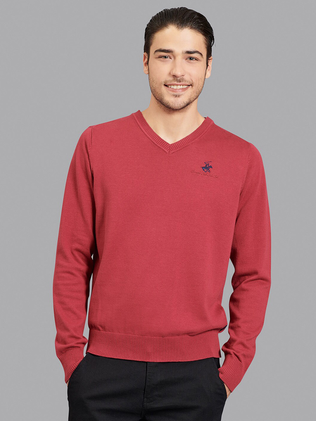 

Beverly Hills Polo Club Men Maroon Cotton V-Neck Pullover Sweater