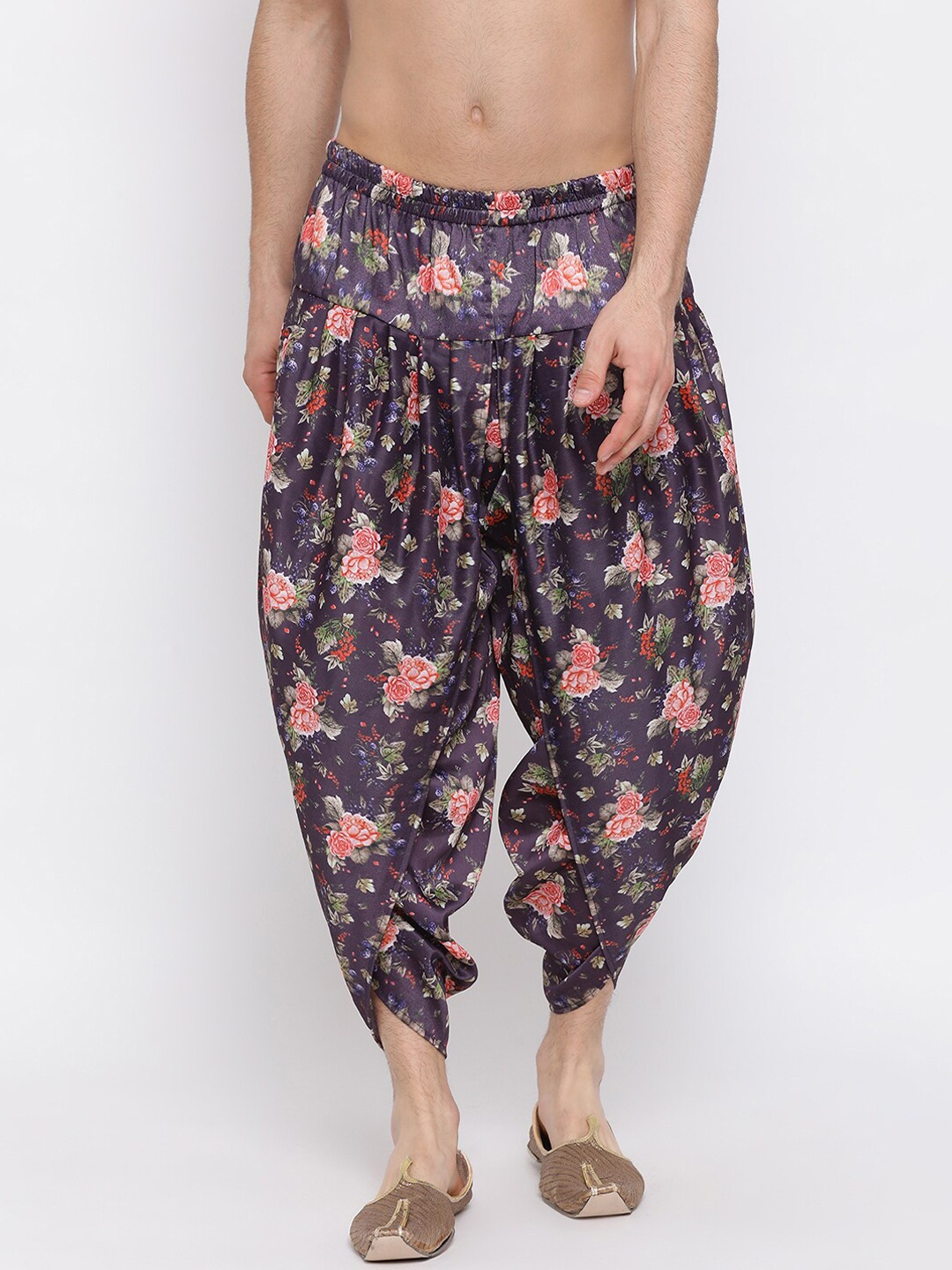 

VASTRAMAY Men Purple & Pink Floral Cotton Silk Dhoti