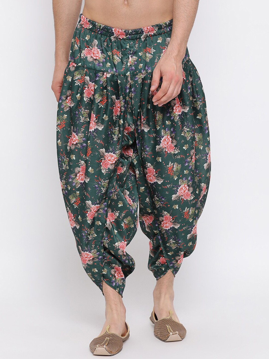 

VASTRAMAY Men Green & Pink Floral Print Cotton Silk Dhoti