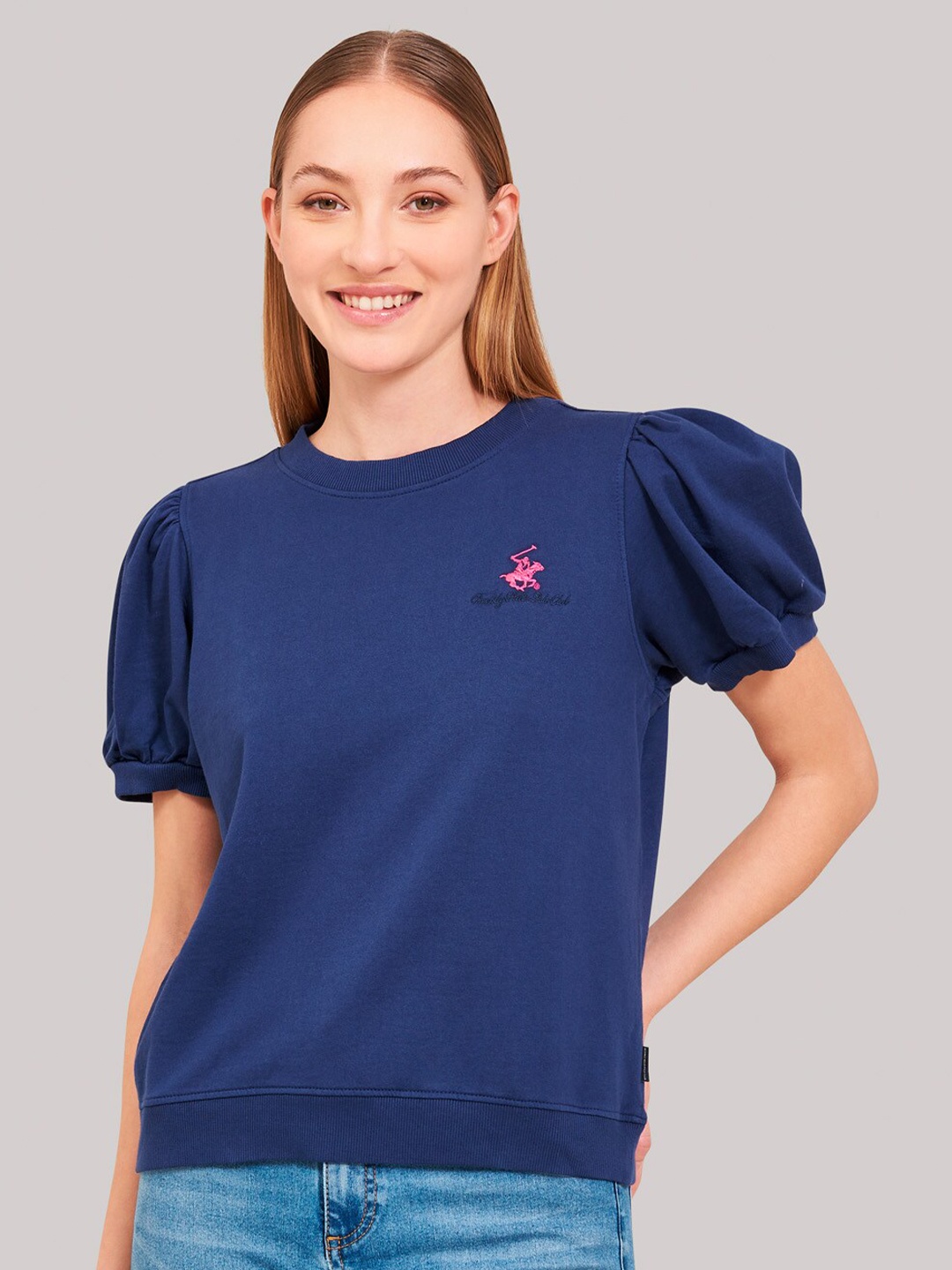 

Beverly Hills Polo Club Women Navy Blue & Pink Solid Round Neck T-shirt