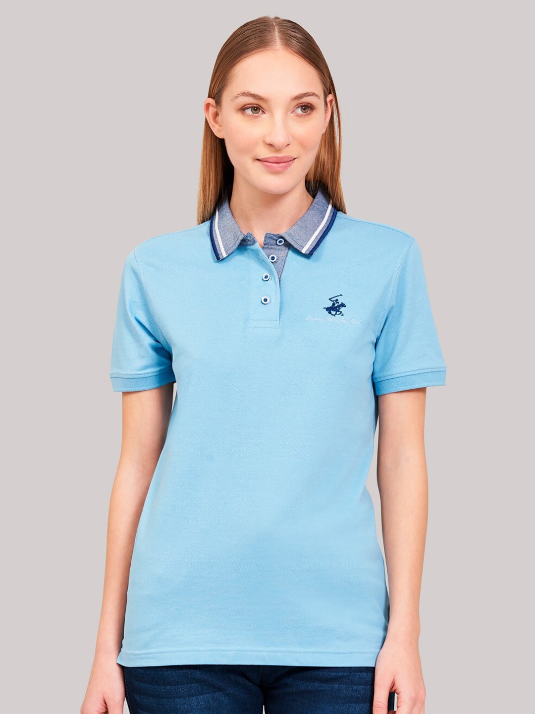 

Beverly Hills Polo Club Women Blue Polo Collar Slim Fit T-shirt