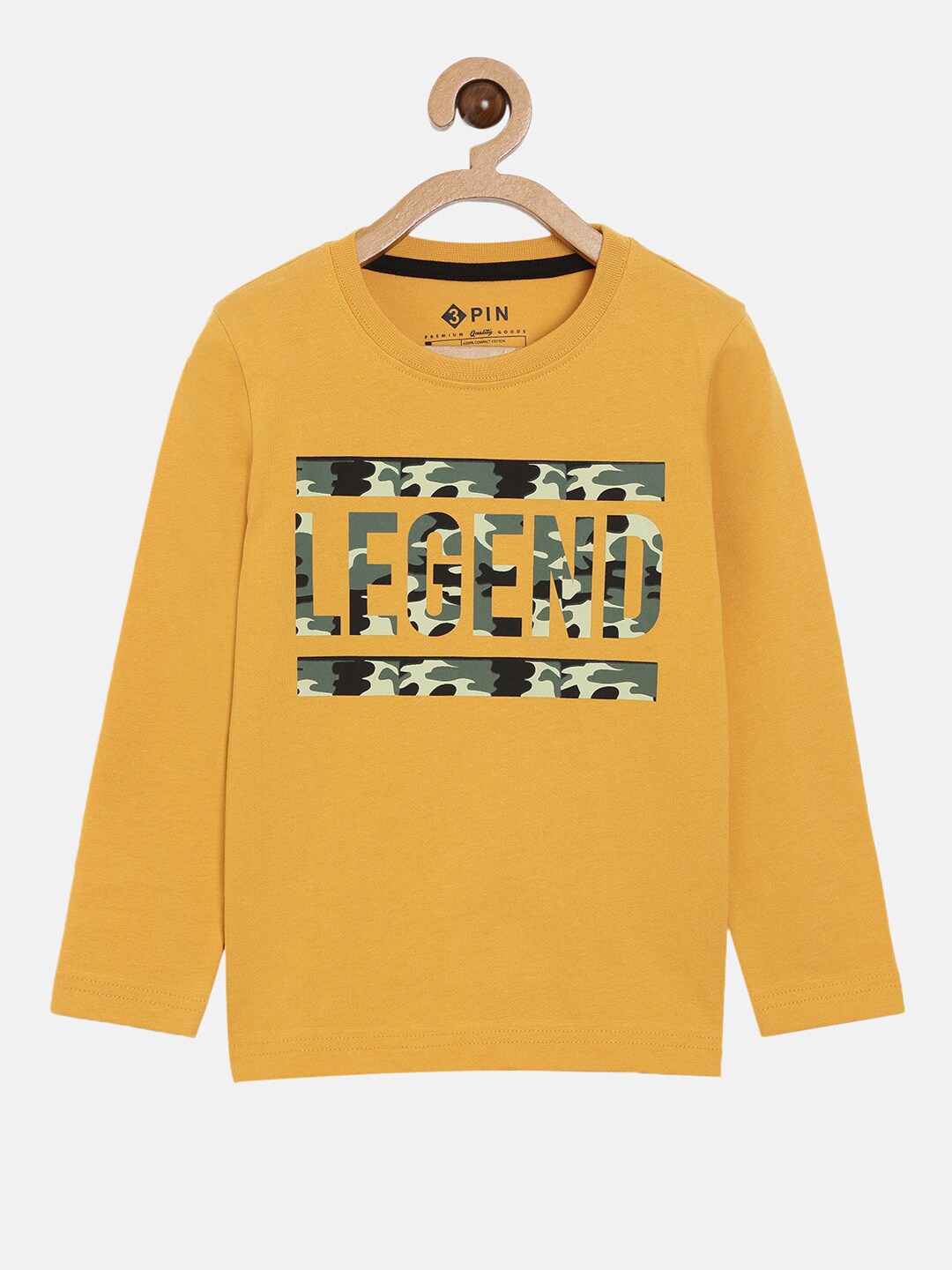 

3PIN Boys Mustard Yellow Typography Printed Applique T-shirt