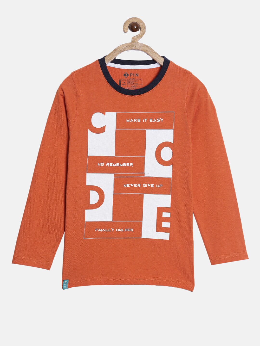 3PIN Boys Orange Typography Printed Applique T-shirt