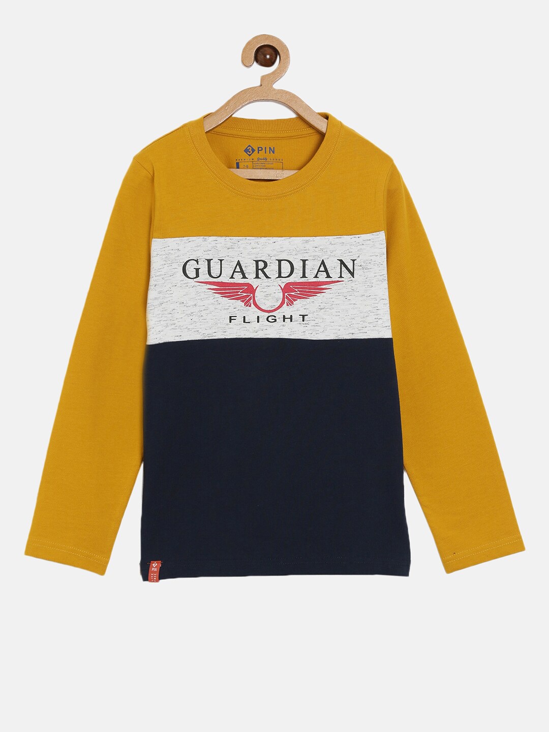 3PIN Boys Mustard Yellow & Navy Blue Colourblocked Cotton T-shirt