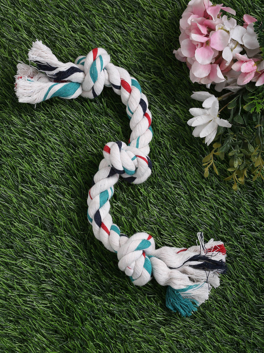 

WIGGLE TWIDDLE White & Blue Pure Cotton Three Knot Dog Rope Toy