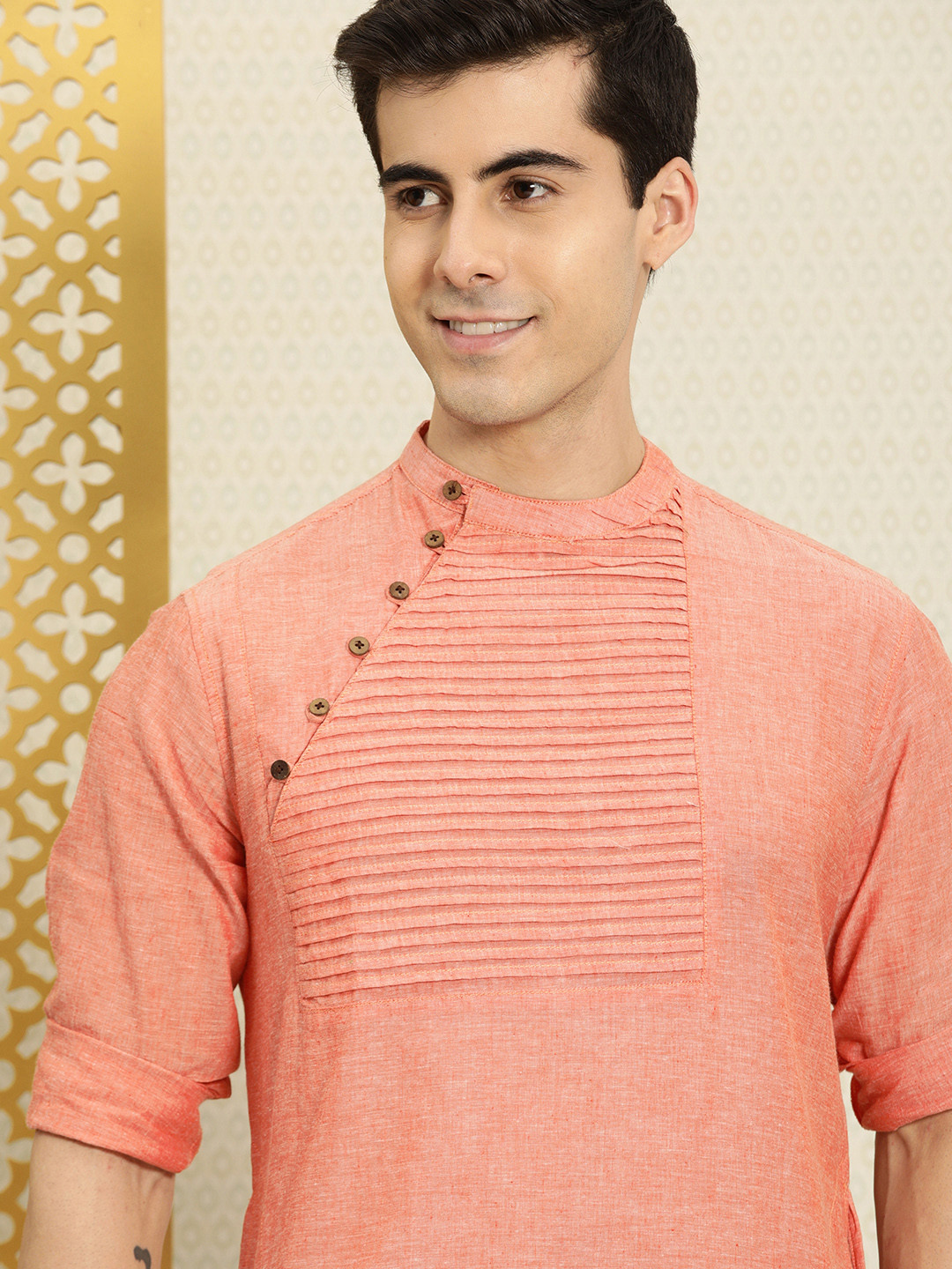 

House of Pataudi Men Orange Solid Pure Cotton Angrakha Kurta