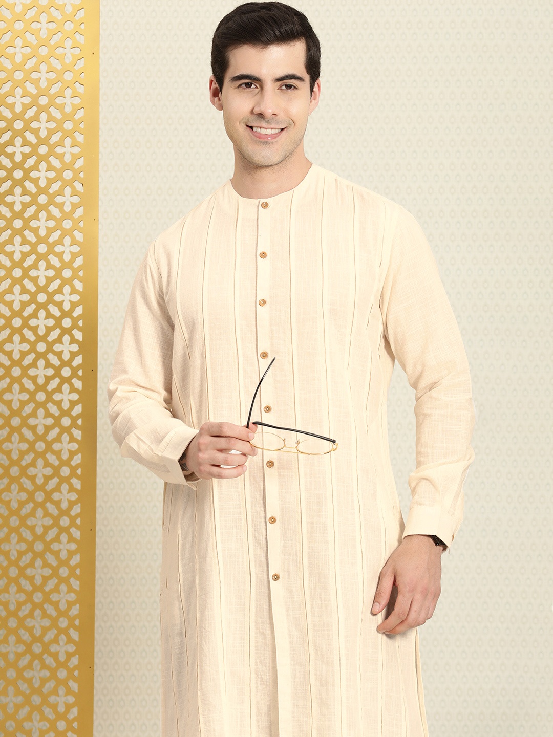 

House of Pataudi Pleated Pure Cotton Kurta, Beige