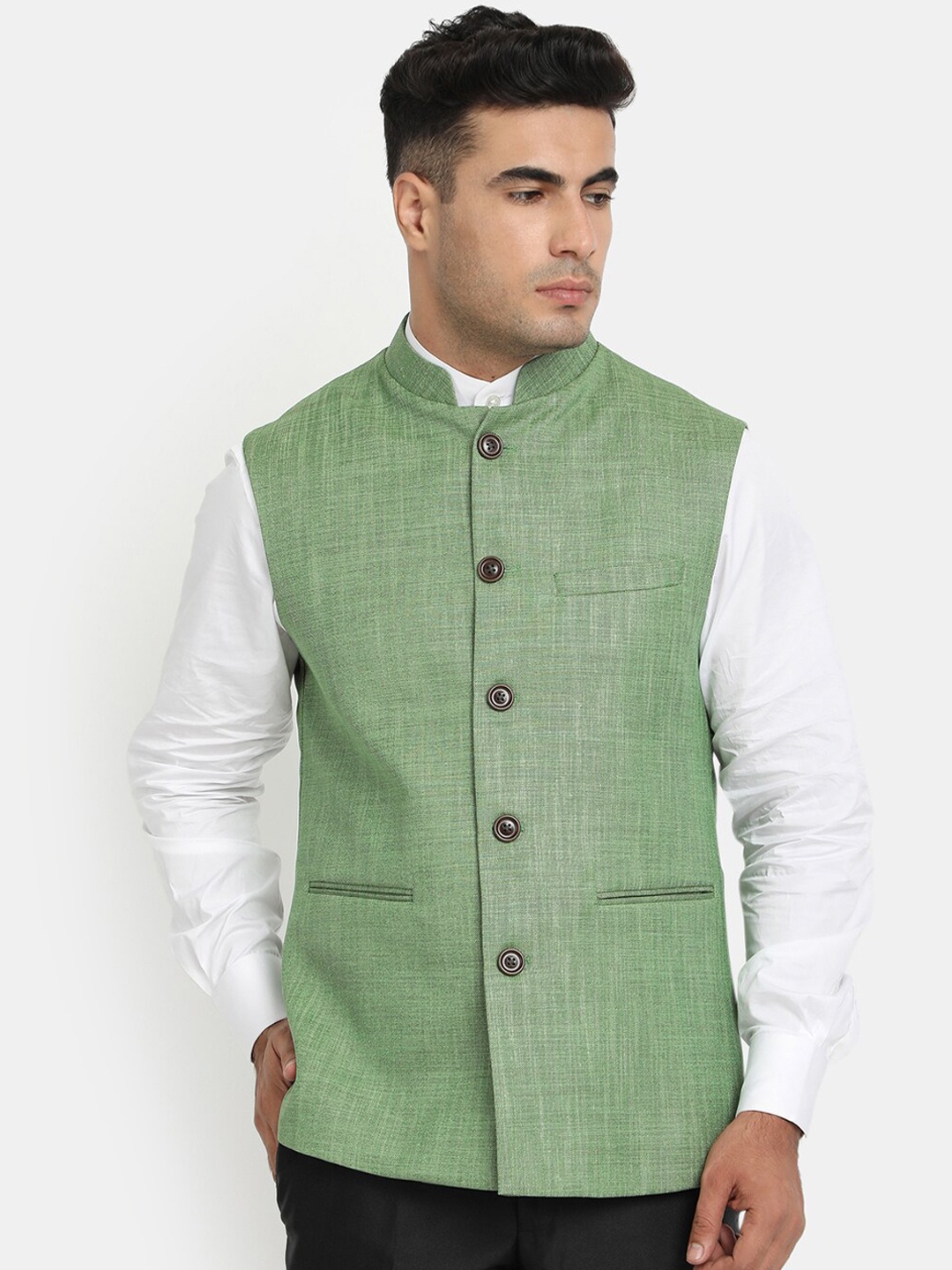 

HOB Men Green Solid Woven Nehru Jacket