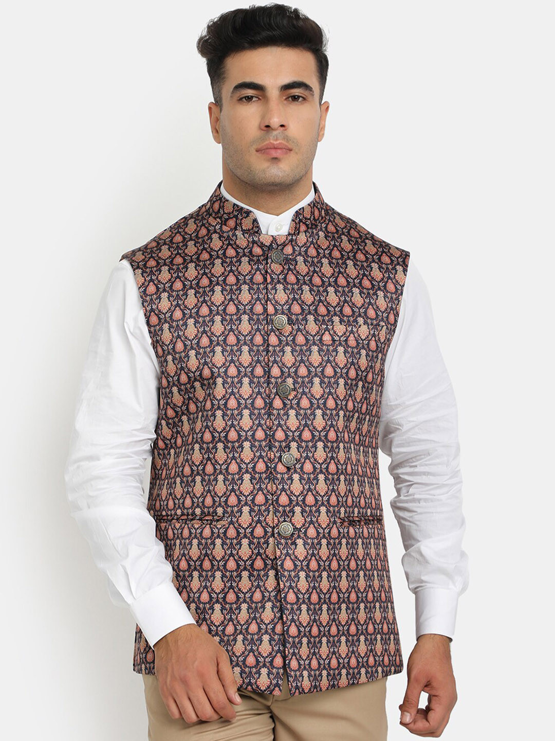 

HOB Men Navy Blue & Peach-Coloured Printed Woven Nehru Jacket