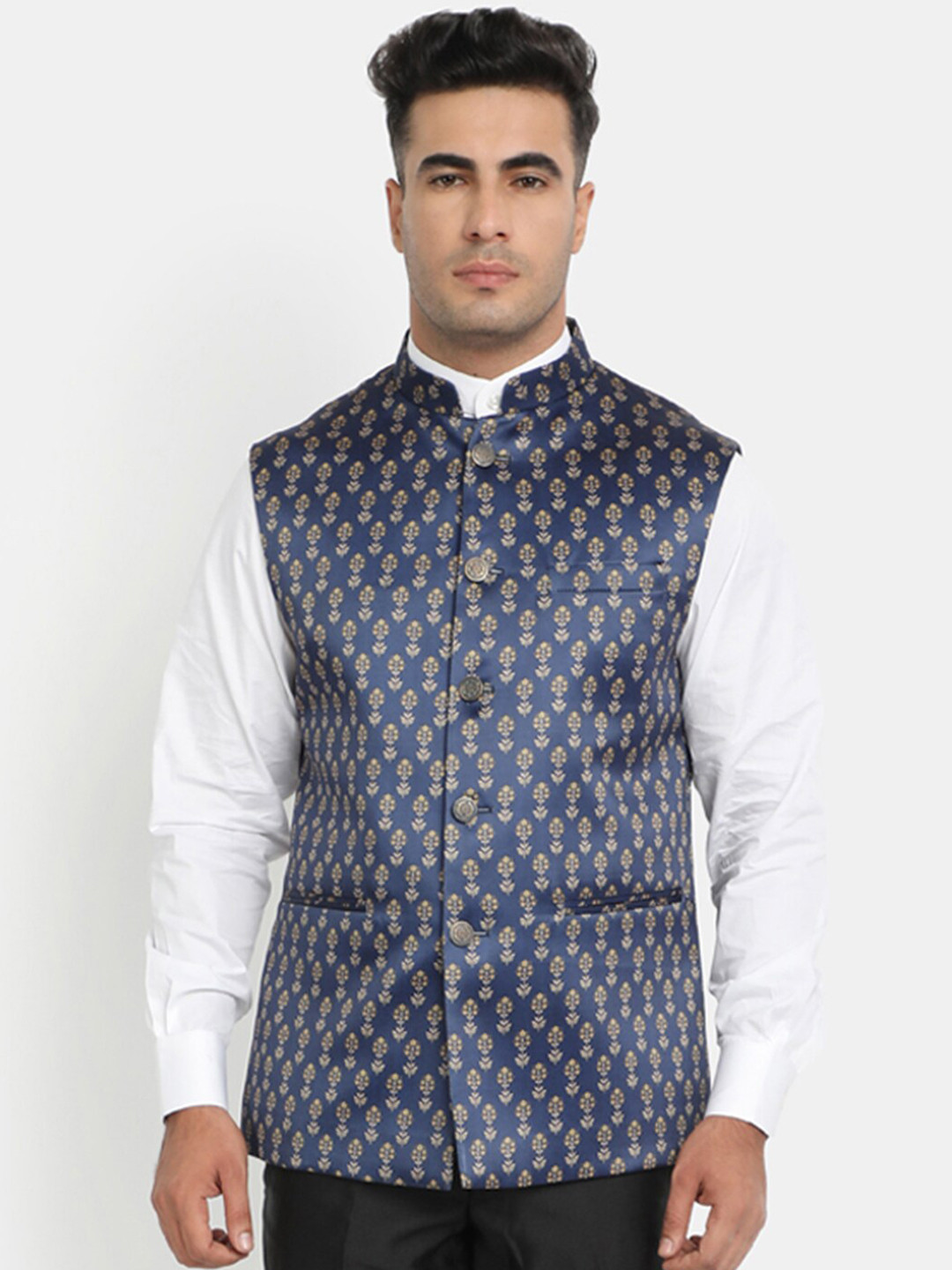 

HOB Men Navy Blue & Yellow Printed Woven Nehru Jacket