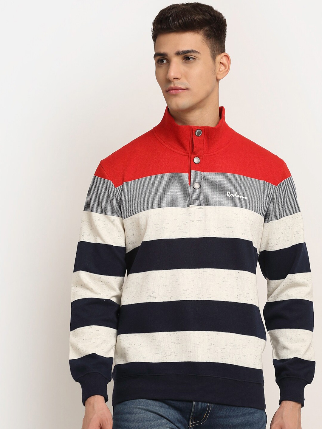 

Rodamo Men Multicoloured Striped Fleece Sweatshirt, Multi