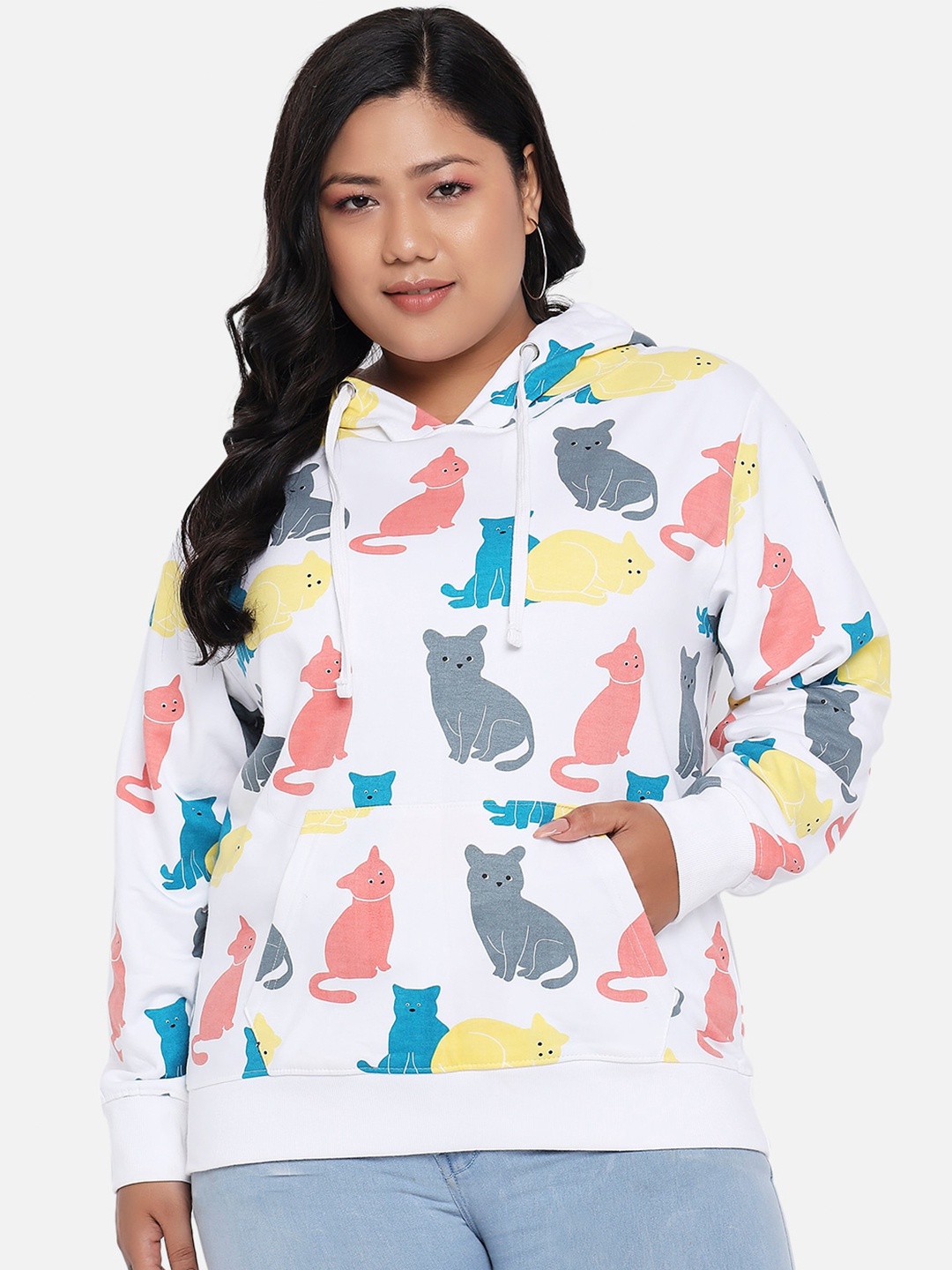 

BEYOUND SIZE - THE DRY STATE Women White Printed Hooded Sweatshirt