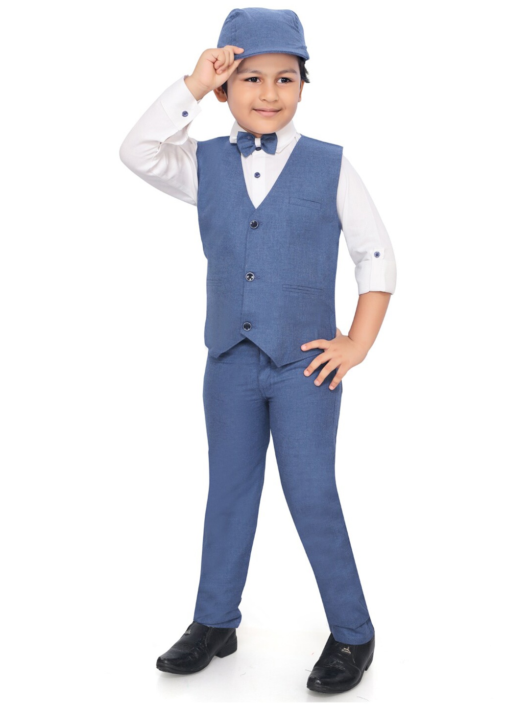 

RIKIDOOS Boys Navy Blue 5-Piece Pure Cotton Trouser & Waistcoat with Bow Tie & Cap