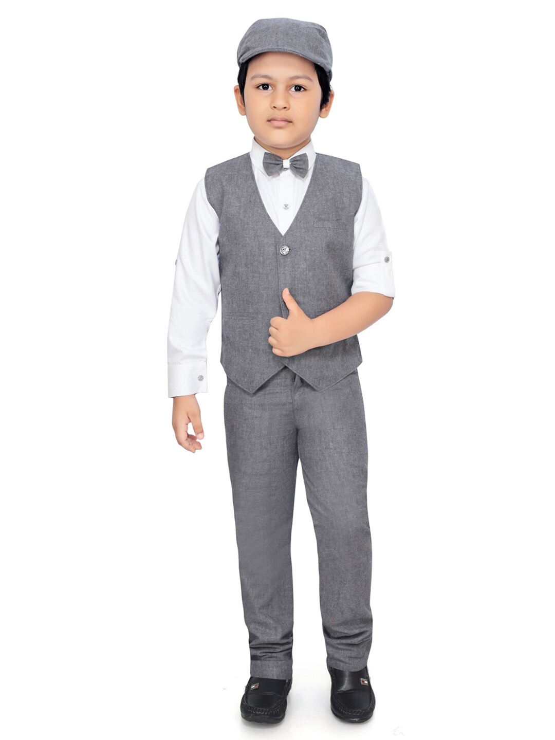 

RIKIDOOS Boys Grey & White 3 Pc Shirt & Trousers With Waistcoat with Cap & Bow Tie Set