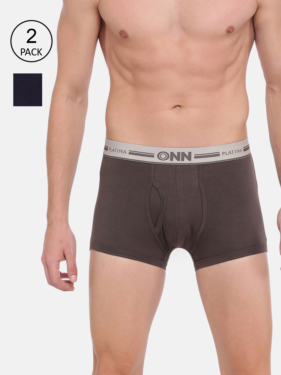 

ONN Men Pack Of 2 Brown & Navy Blue Solid Trunks