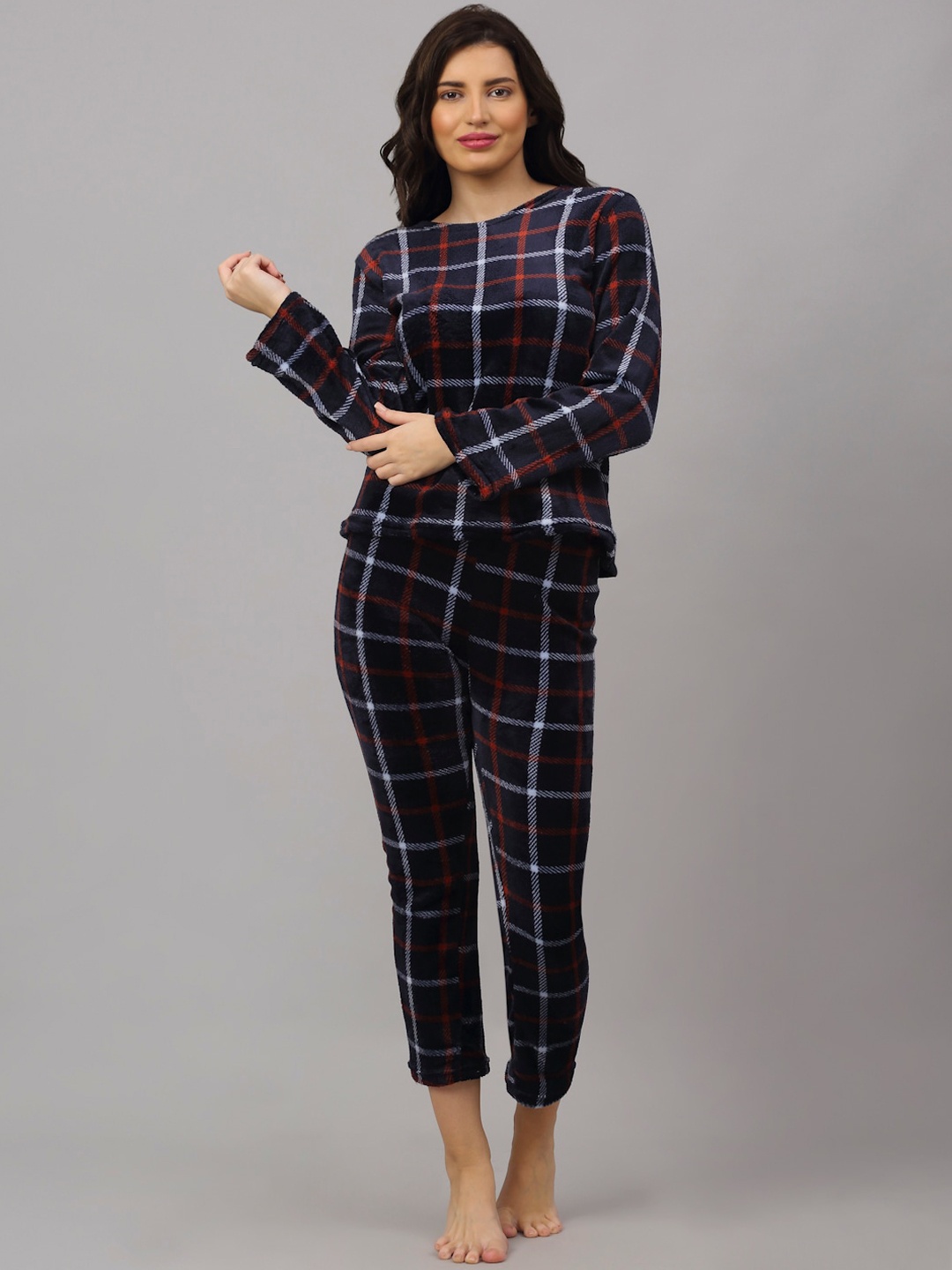 

NEUDIS Women Navy Blue & White Checked Top & Pyjama Night Suit