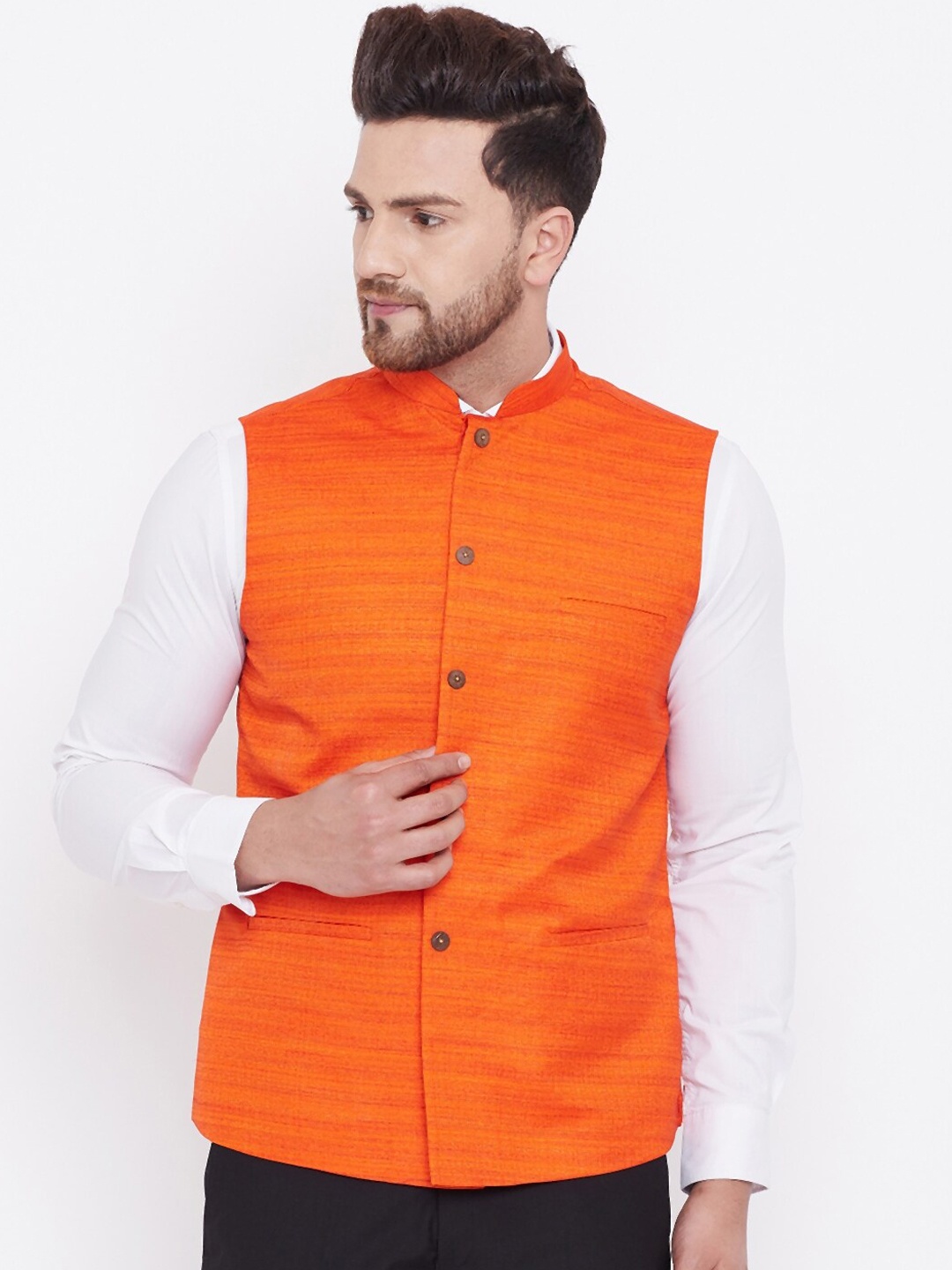 

VASTRAMAY Men Orange Woven-Design Slim-Fit Nehru Jacket