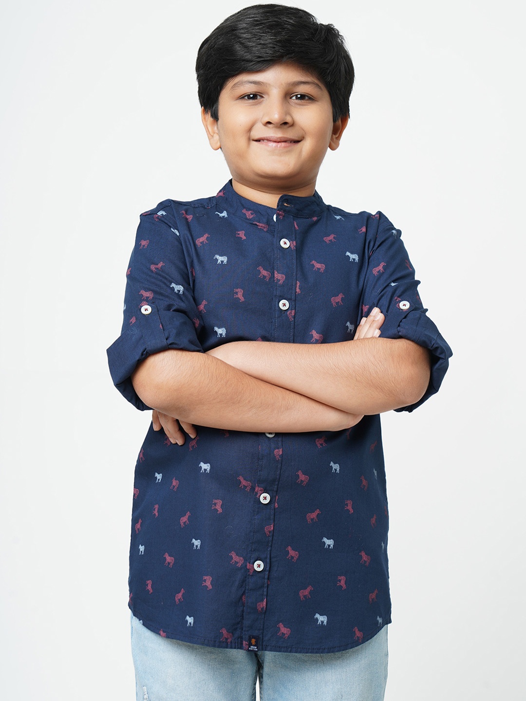 

URBAN SCOTTISH Boys Navy Blue Printed Cotton Casual Shirt