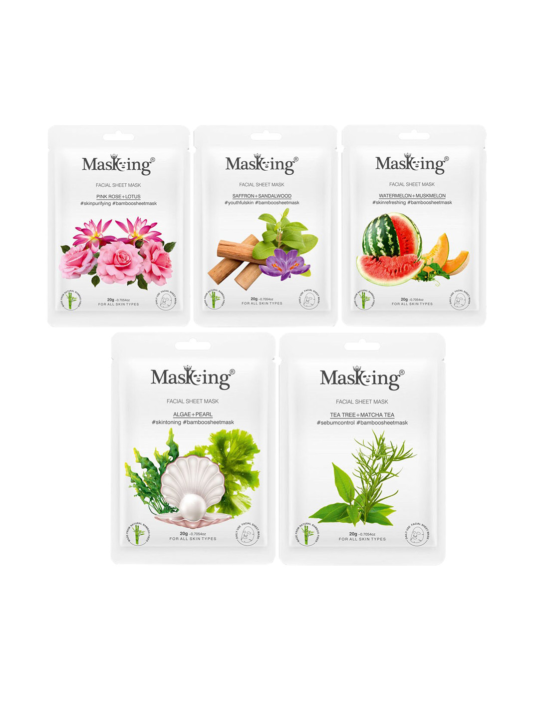 

MasKing Unisex Pack of 5 Bamboo Facial Sheet Mask 100g, Multi