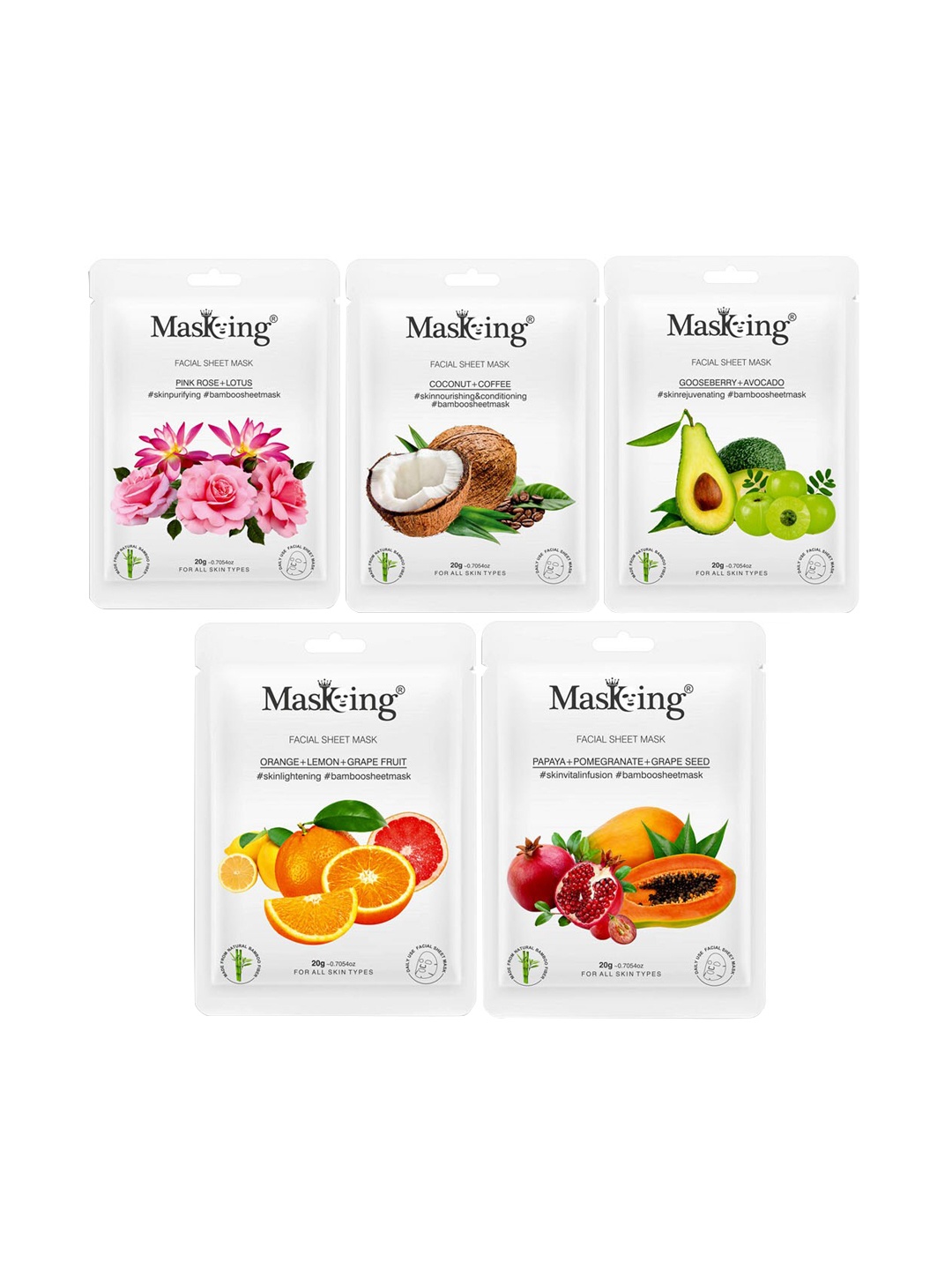 

MasKing Set of 5 Bamboo Sheet Mask - Pink Rose - Coffee - Gooseberry - Orange & Papaya, Multi