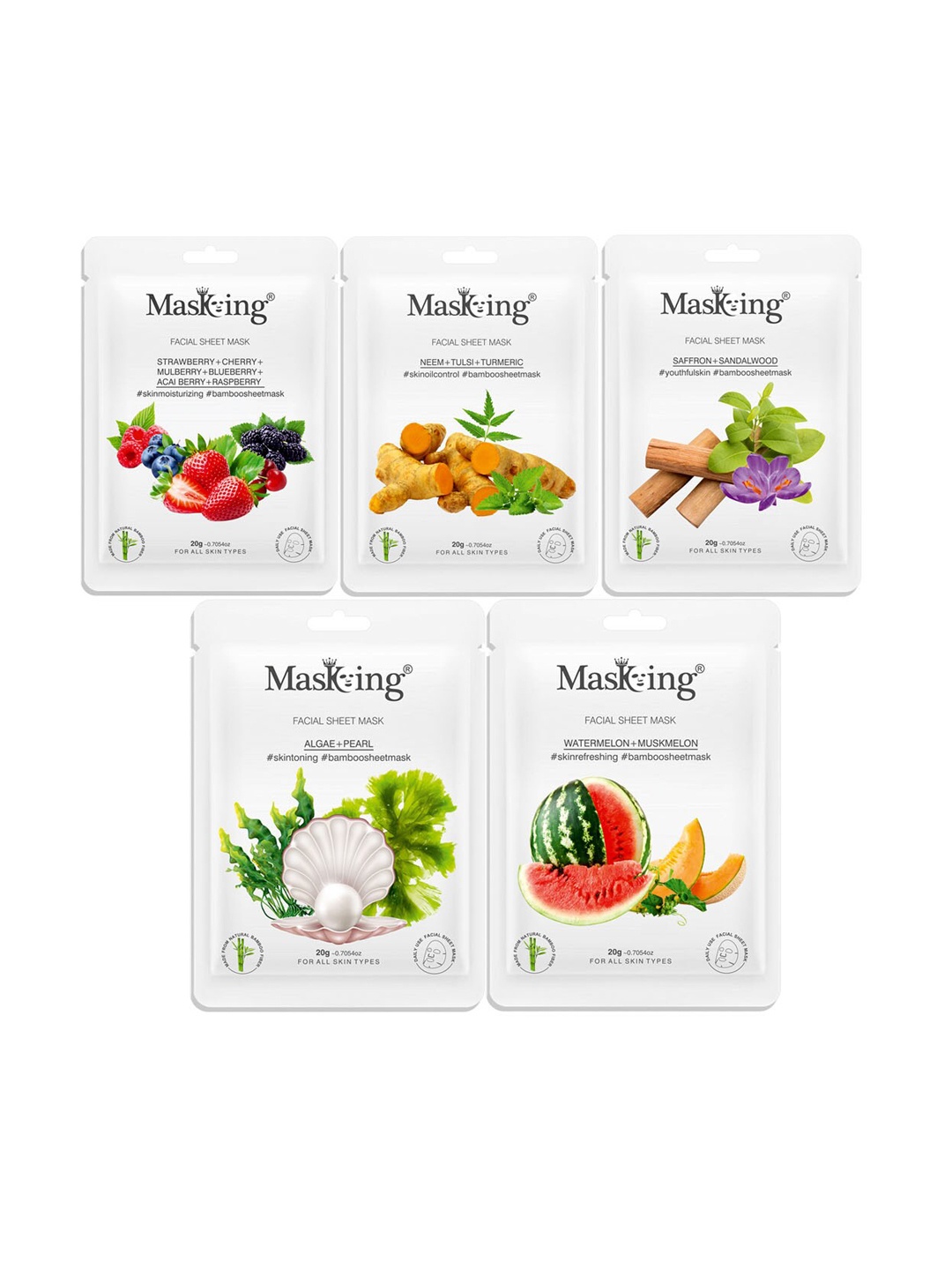 

MasKing Unisex Pack of 5 Bamboo Facial Sheet Mask 100gm, Multi