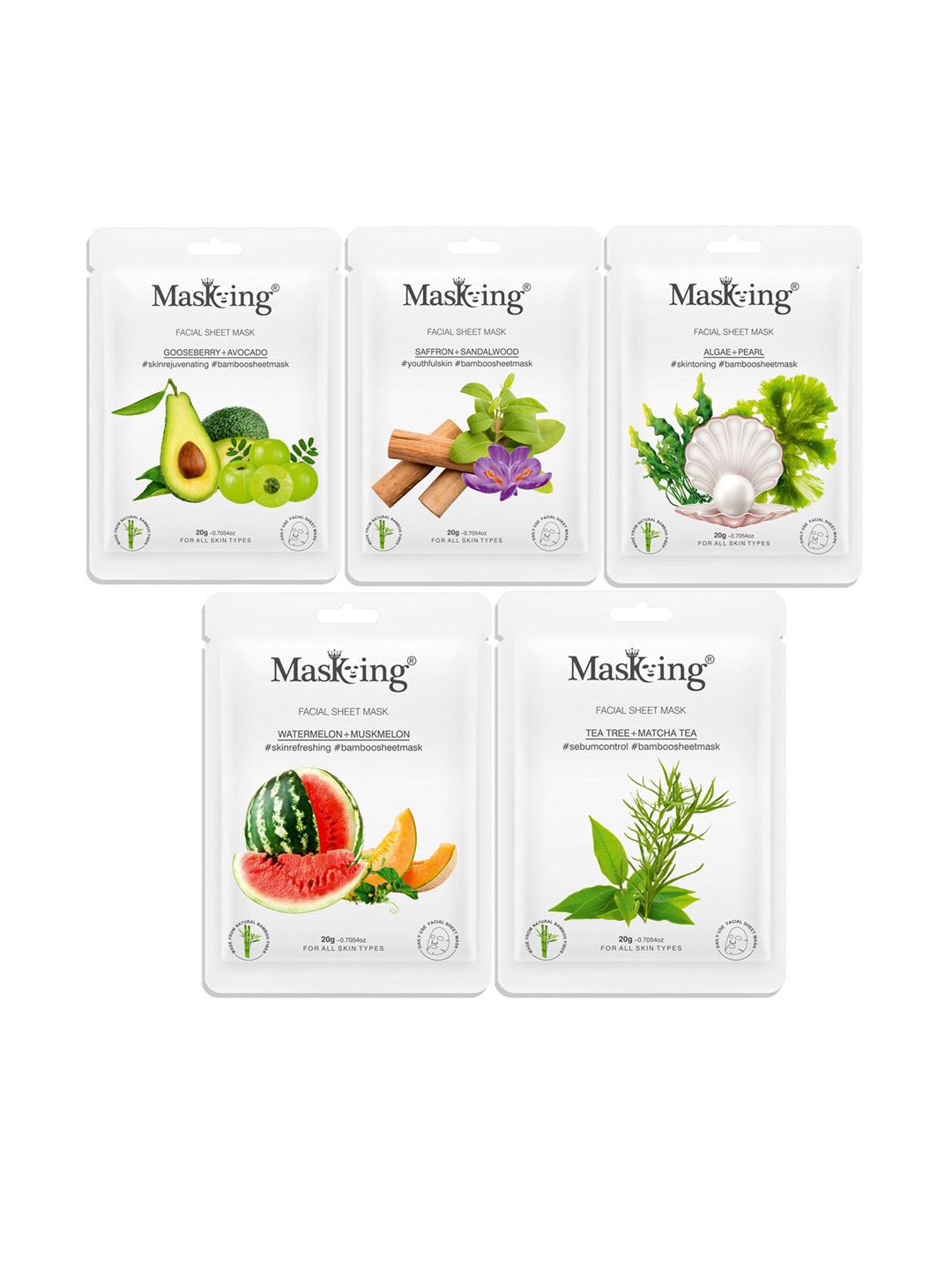 

MasKing Set of 5 Bamboo Sheet Mask Orange - Saffron - Algae - Watermelon & Tea Tree, Multi