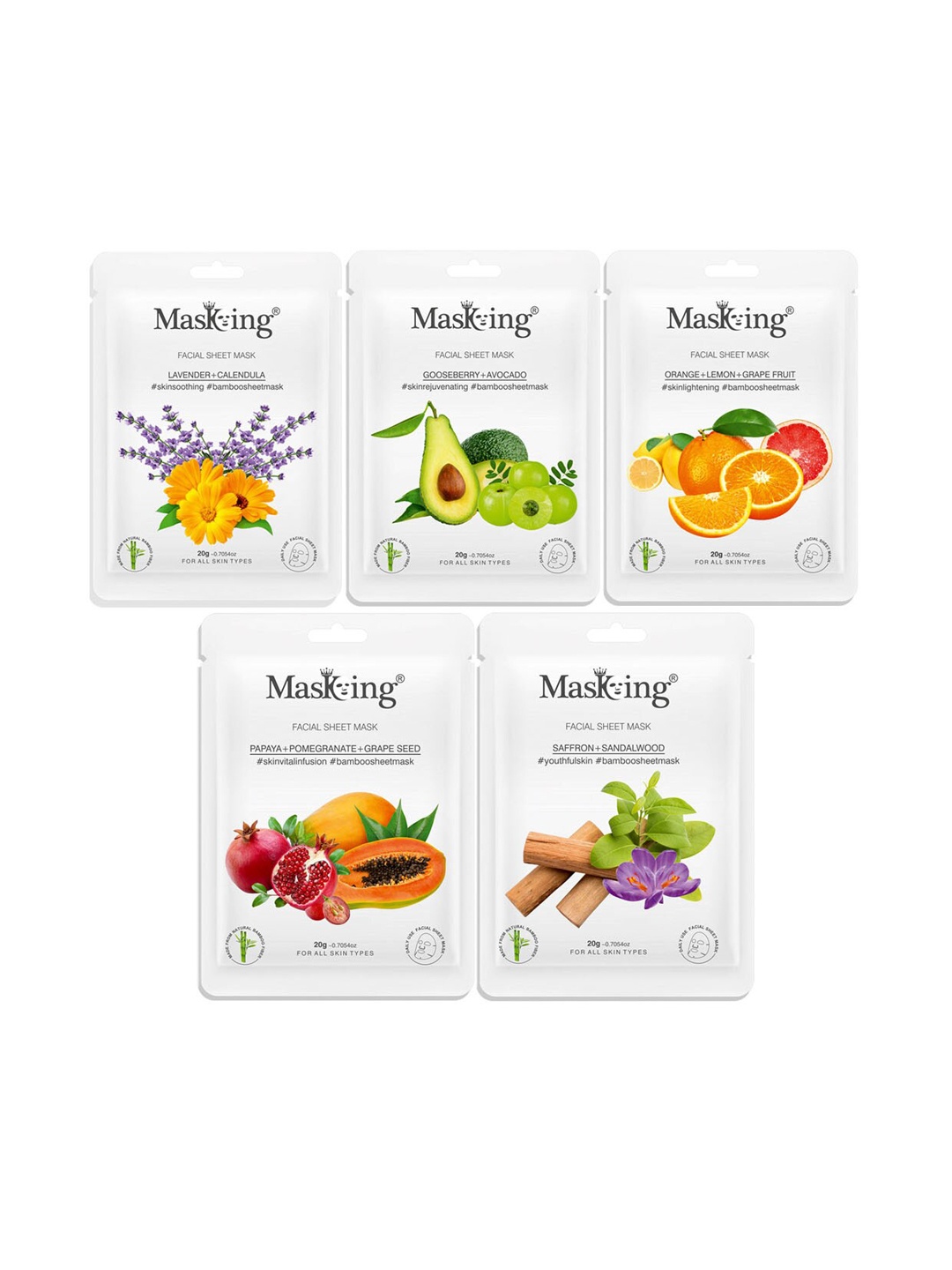 

MasKing Unisex Pack Of 5 Lavender & Goosebery Bamboo Facial Sheet Mask, Multi