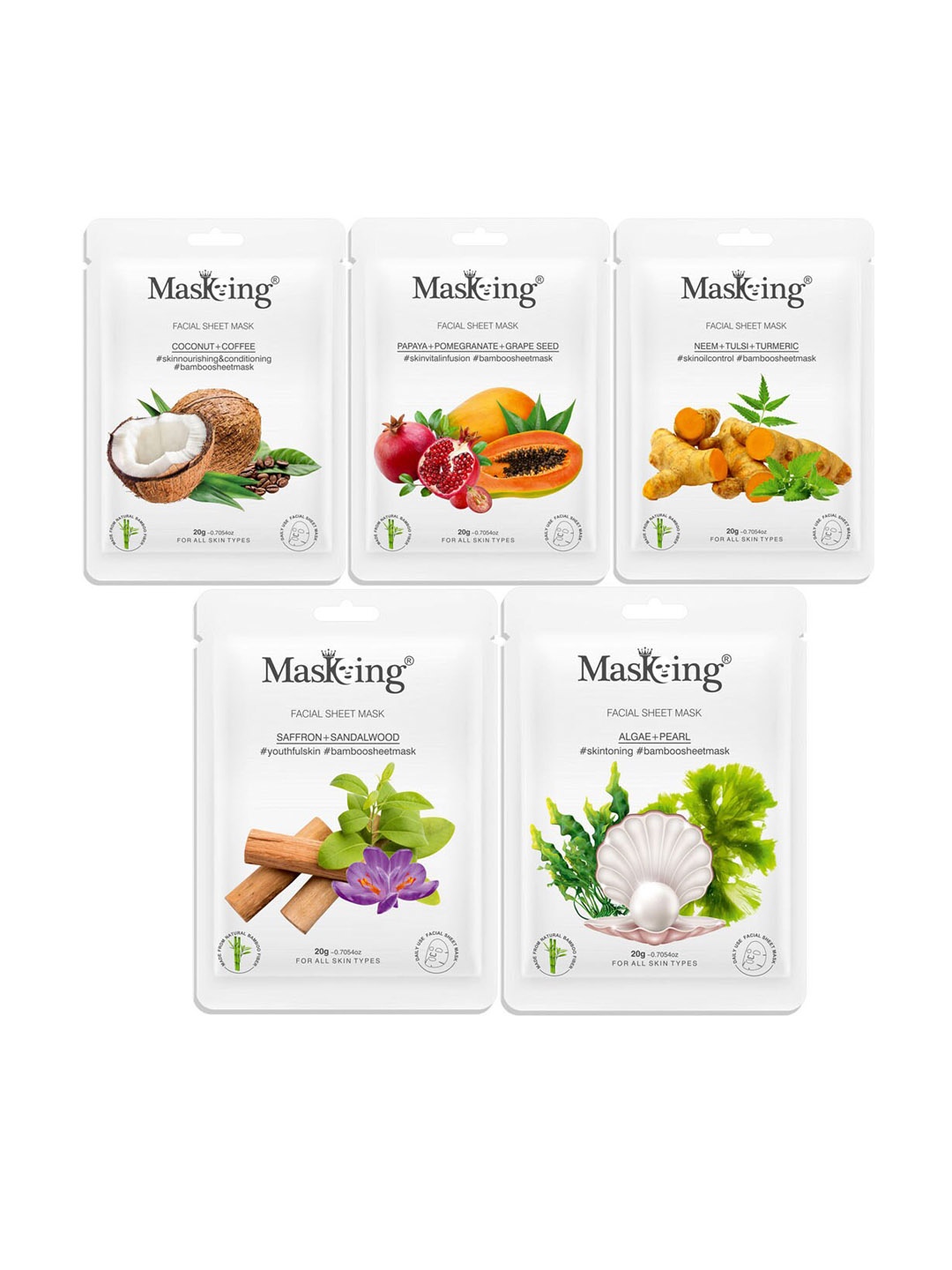 

MasKing Unisex Multi Pack of 5 Bamboo Facial Sheet Mask, 100g