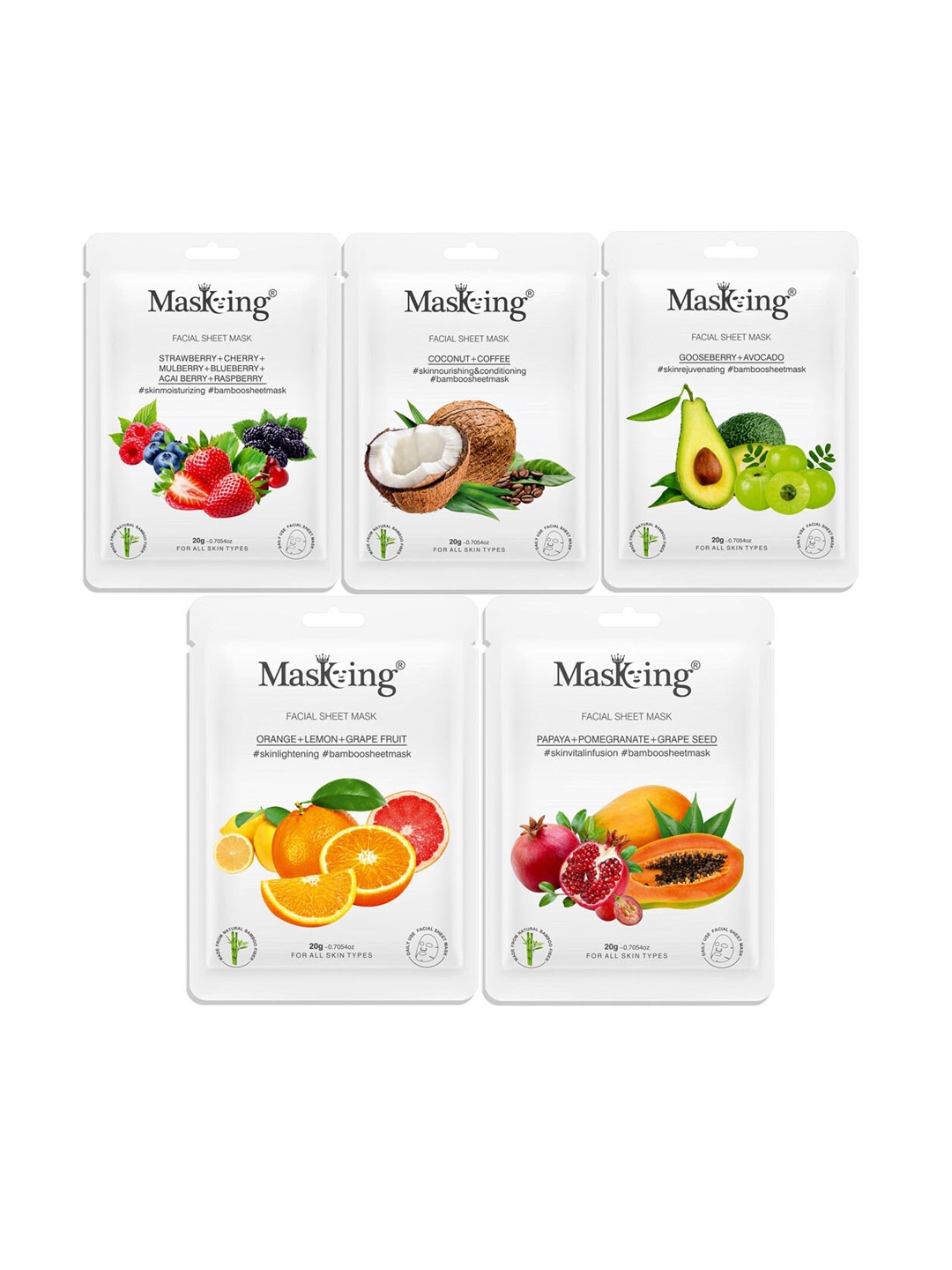 

MasKing Unisex Multi Pack of 5 Bamboo Facial Sheet Mask, 100g