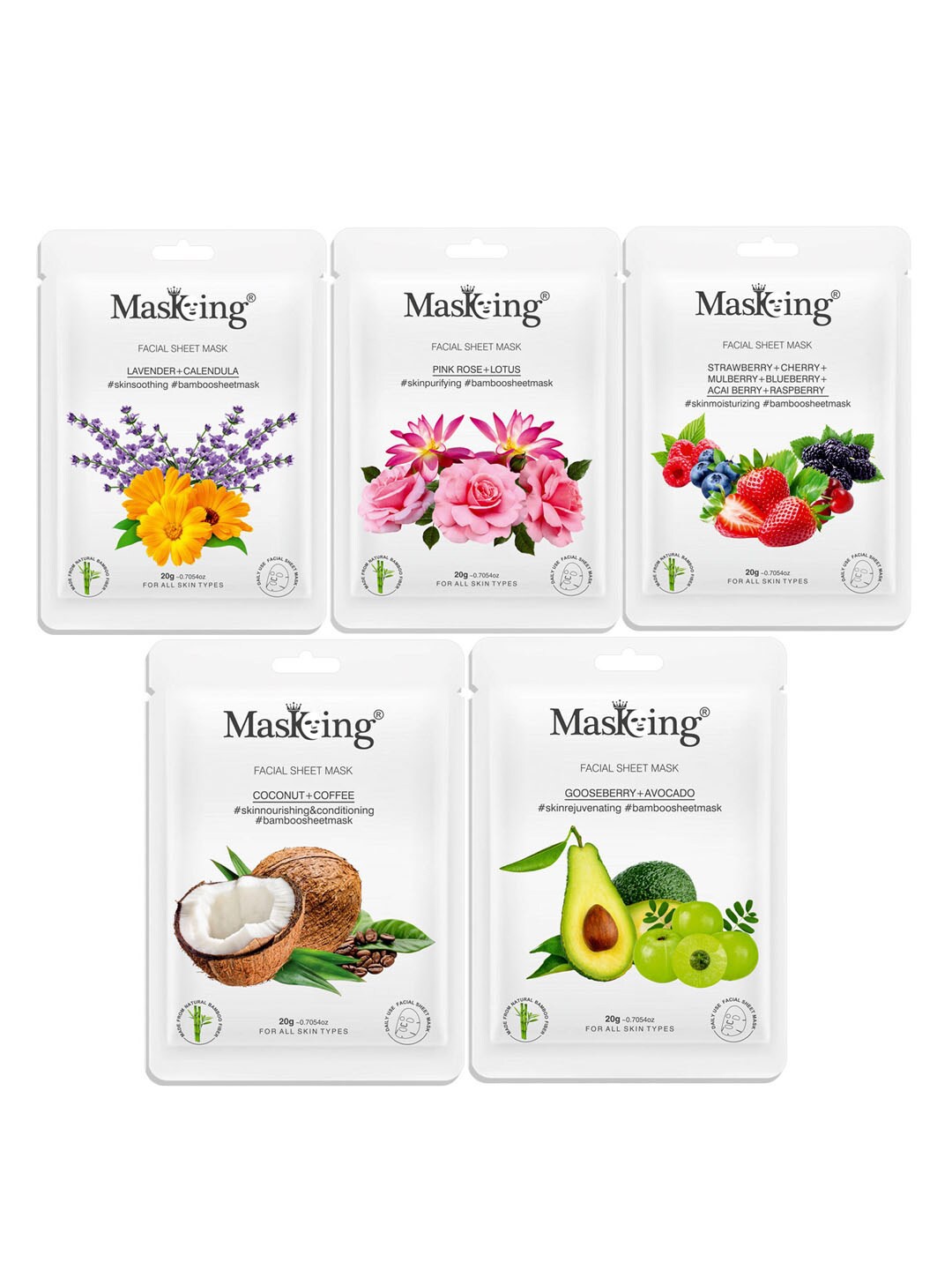 

MasKing Unisex Pack of 5 Bamboo Facial Sheet Mask 100gm, Multi