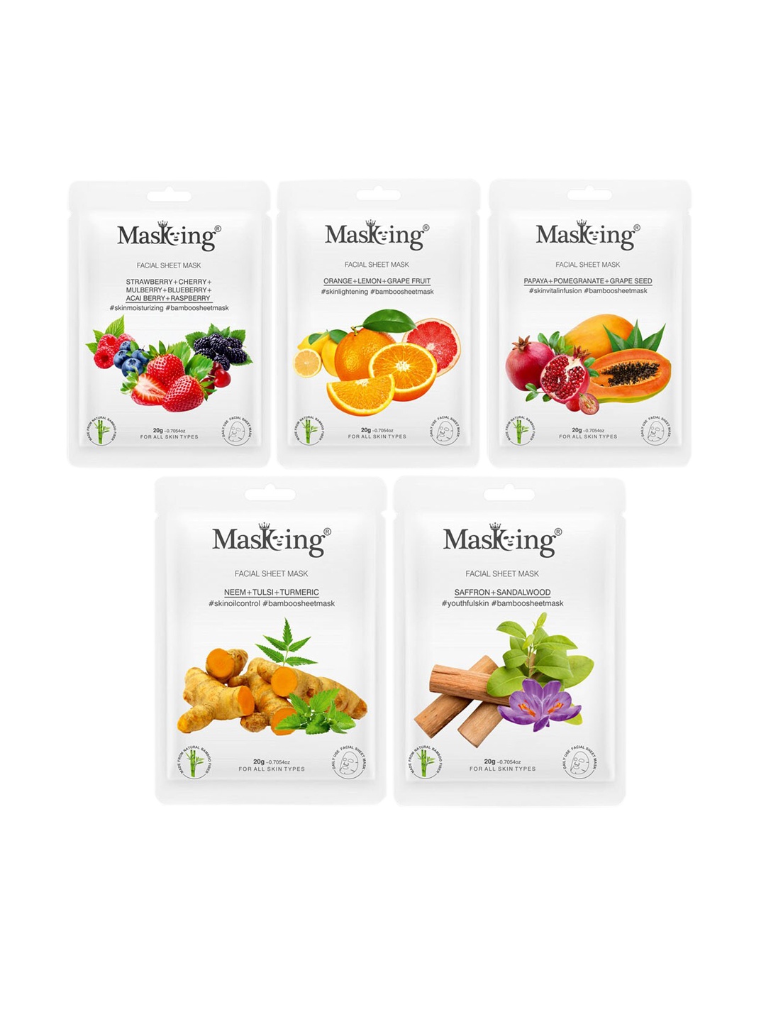 

MasKing Unisex Pack Of 5 Strawberry & Orange Bamboo Facial Sheet Mask, Multi