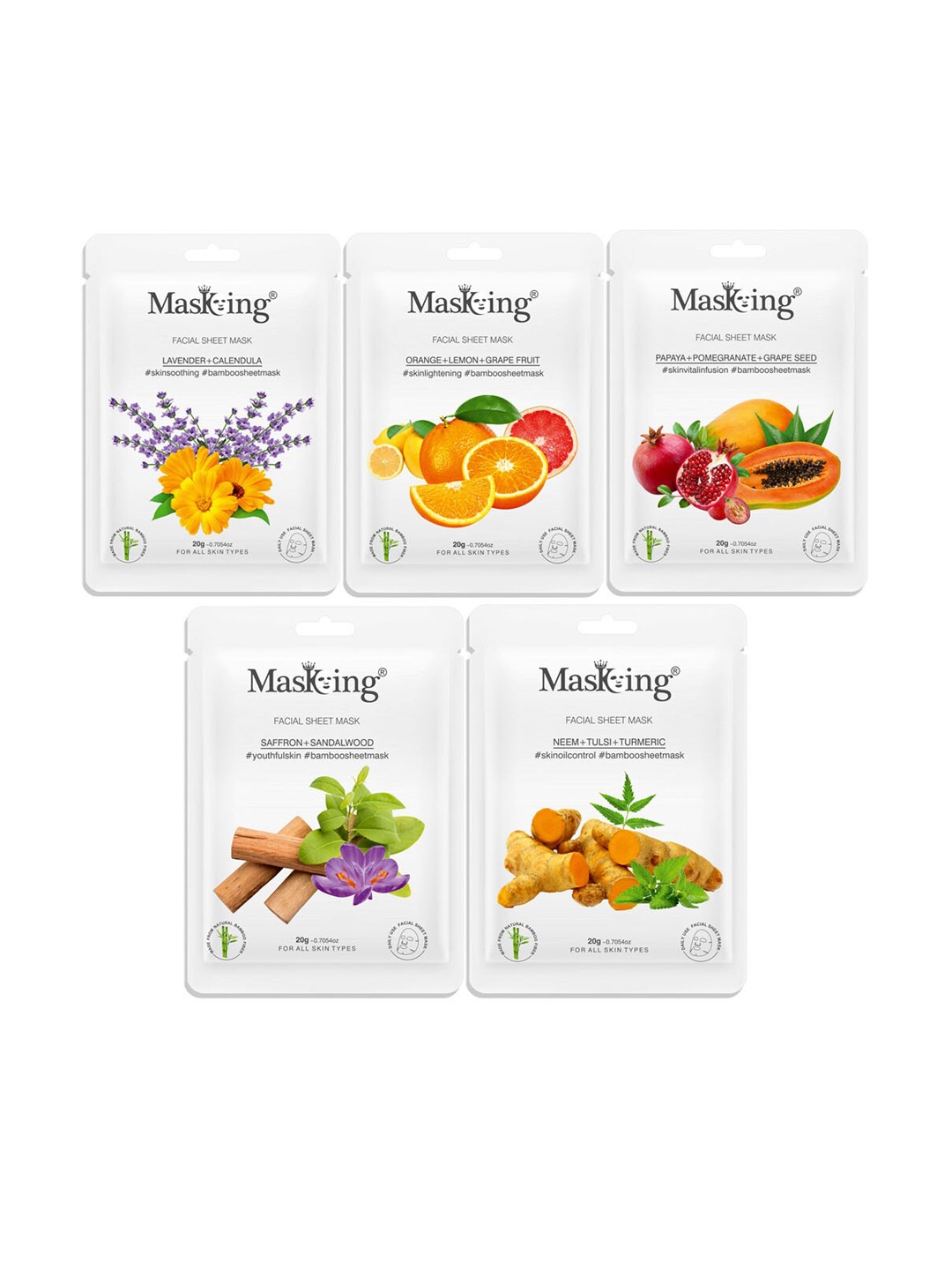 

MasKing Unisex Multi Pack of 5 Bamboo Facial Sheet Mask, 100g