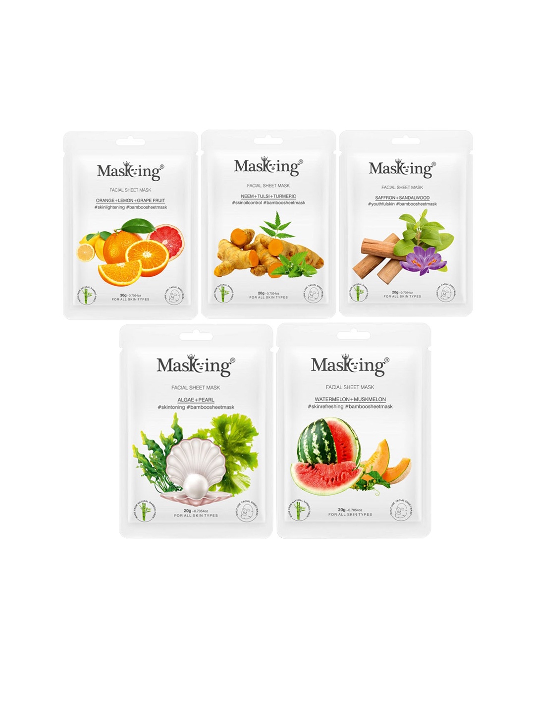 

MasKing Unisex Pack Of 5 Orange & Neem Bamboo Facial Sheet Mask, Multi
