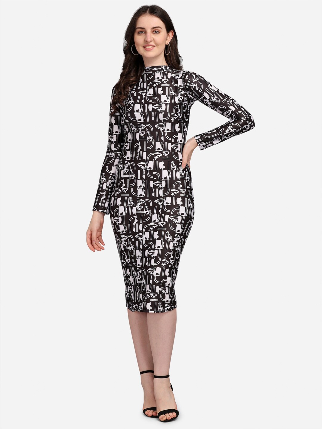 

PURVAJA Women Black & White Printed High Neck Bodycon Midi Dress