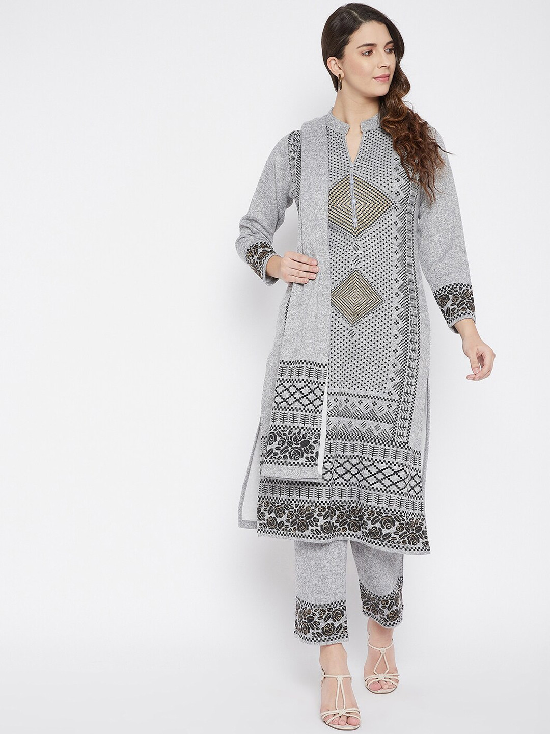 

Zigo Women Grey Ethnic Motifs Printed Layered Kurta with Trousers & With Dupatta