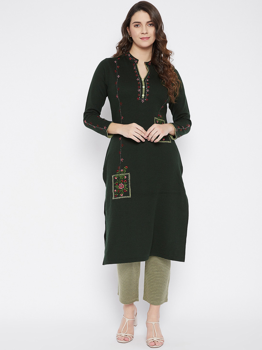 

Zigo Women Olive Green Floral Embroidered Straight Kurta with Trousers