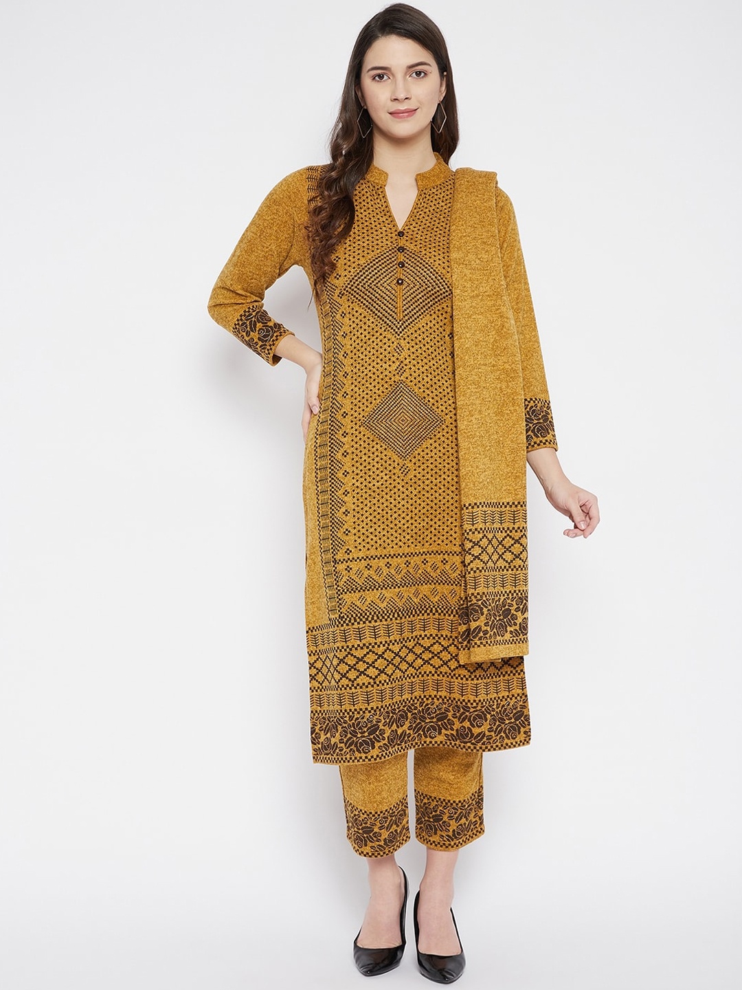 

Zigo Women Mustard Yellow Ethnic Motifs Printed Kurta with Trousers & With Dupatta