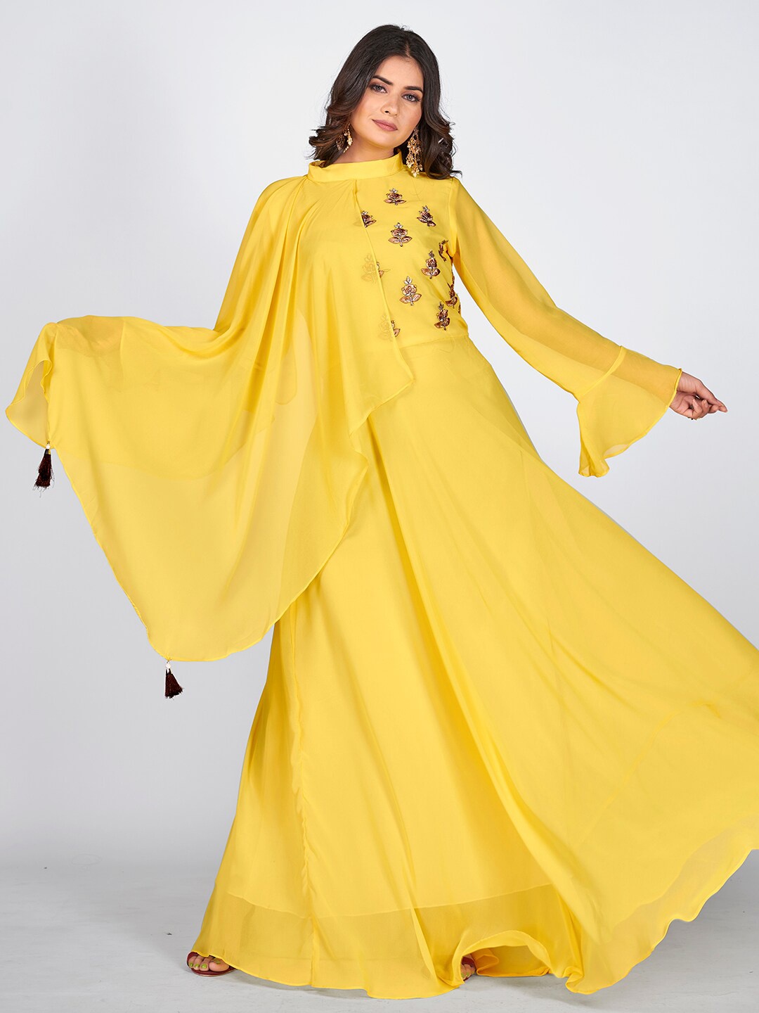 

SHOPGARB Women Yellow Ethnic Motifs Embroidered Flared Sleeves Georgette Anarkali Kurta
