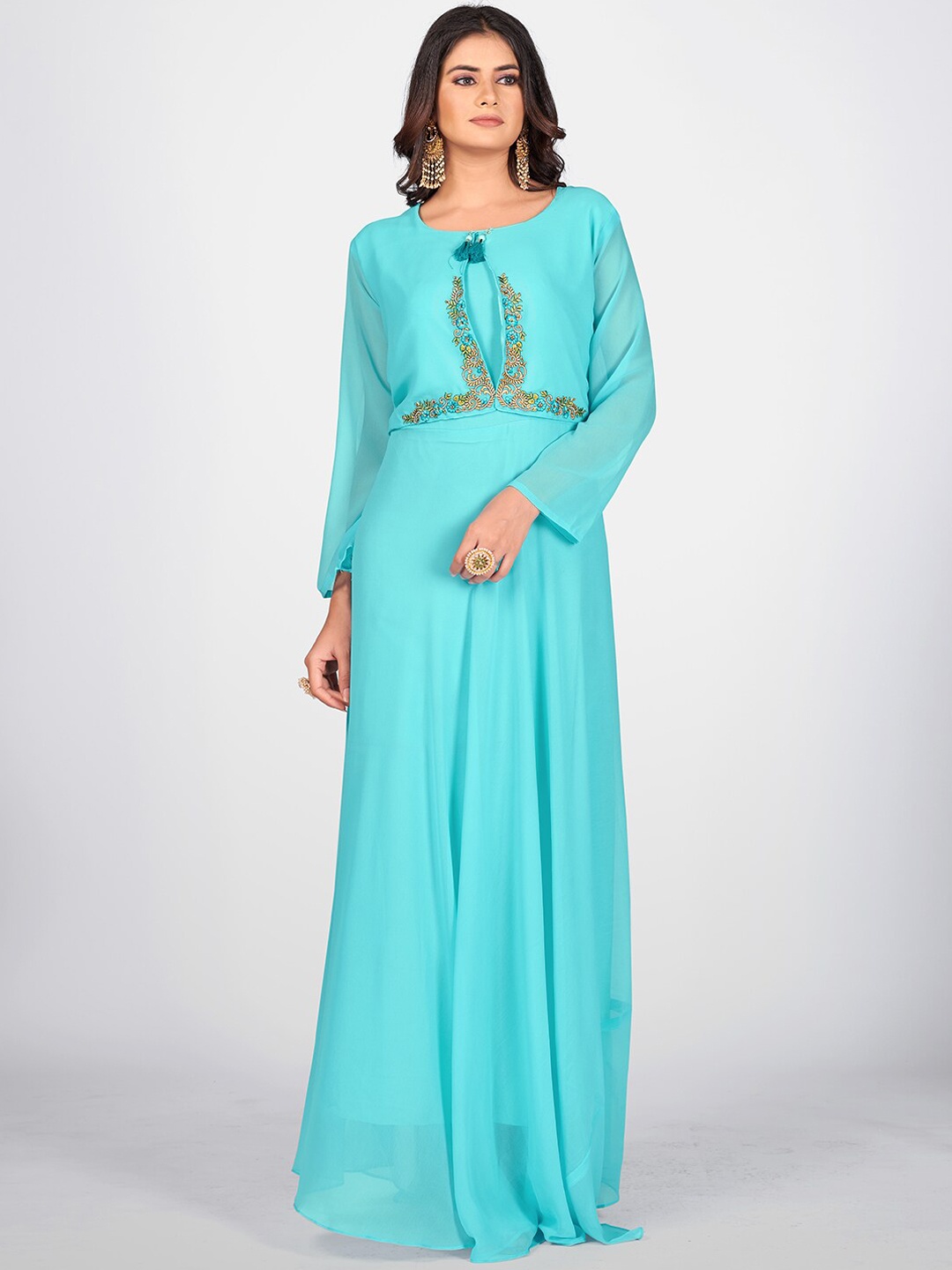 

SHOPGARB Women Turquoise Blue Yoke Design Georgette Anarkali Kurta