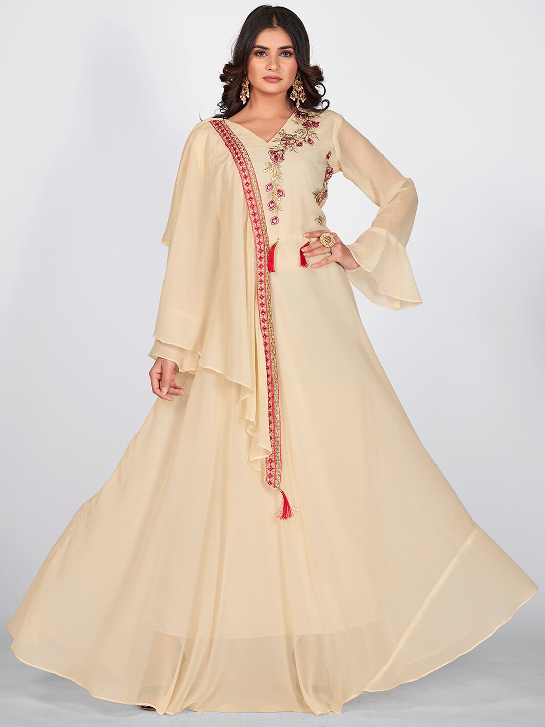 

SHOPGARB Women Beige Floral Embroidered Bell Sleeves Thread Work Georgette Anarkali Kurta