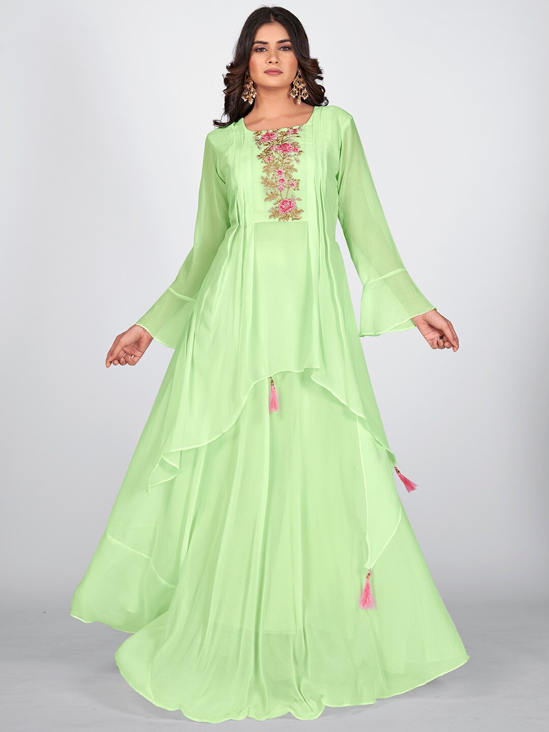 

SHOPGARB Women Sea Green Floral Embroidered Bell Sleeves Georgette Anarkali Kurta