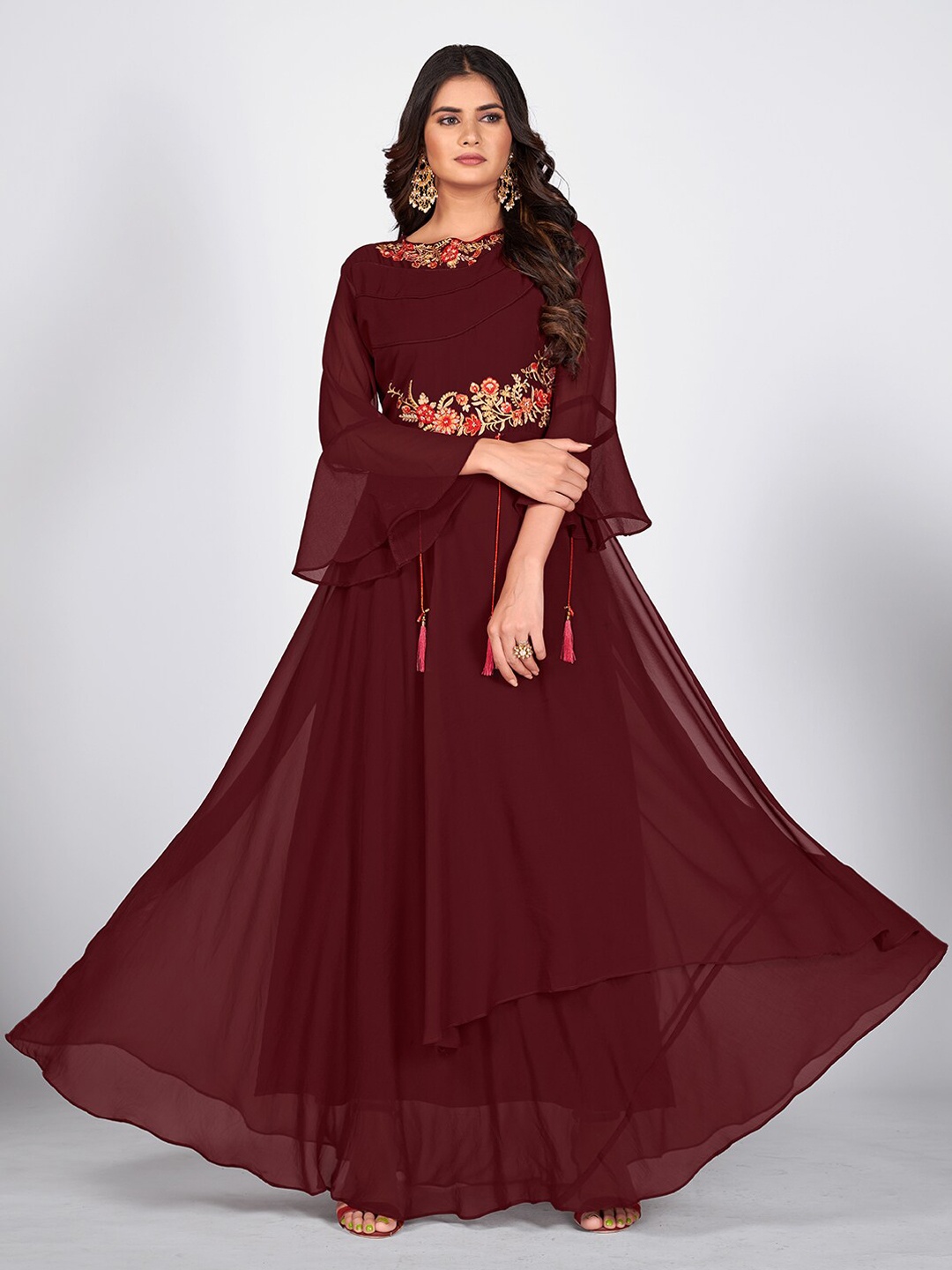 

SHOPGARB Women Maroon Flared Sleeves Georgette Anarkali Kurta