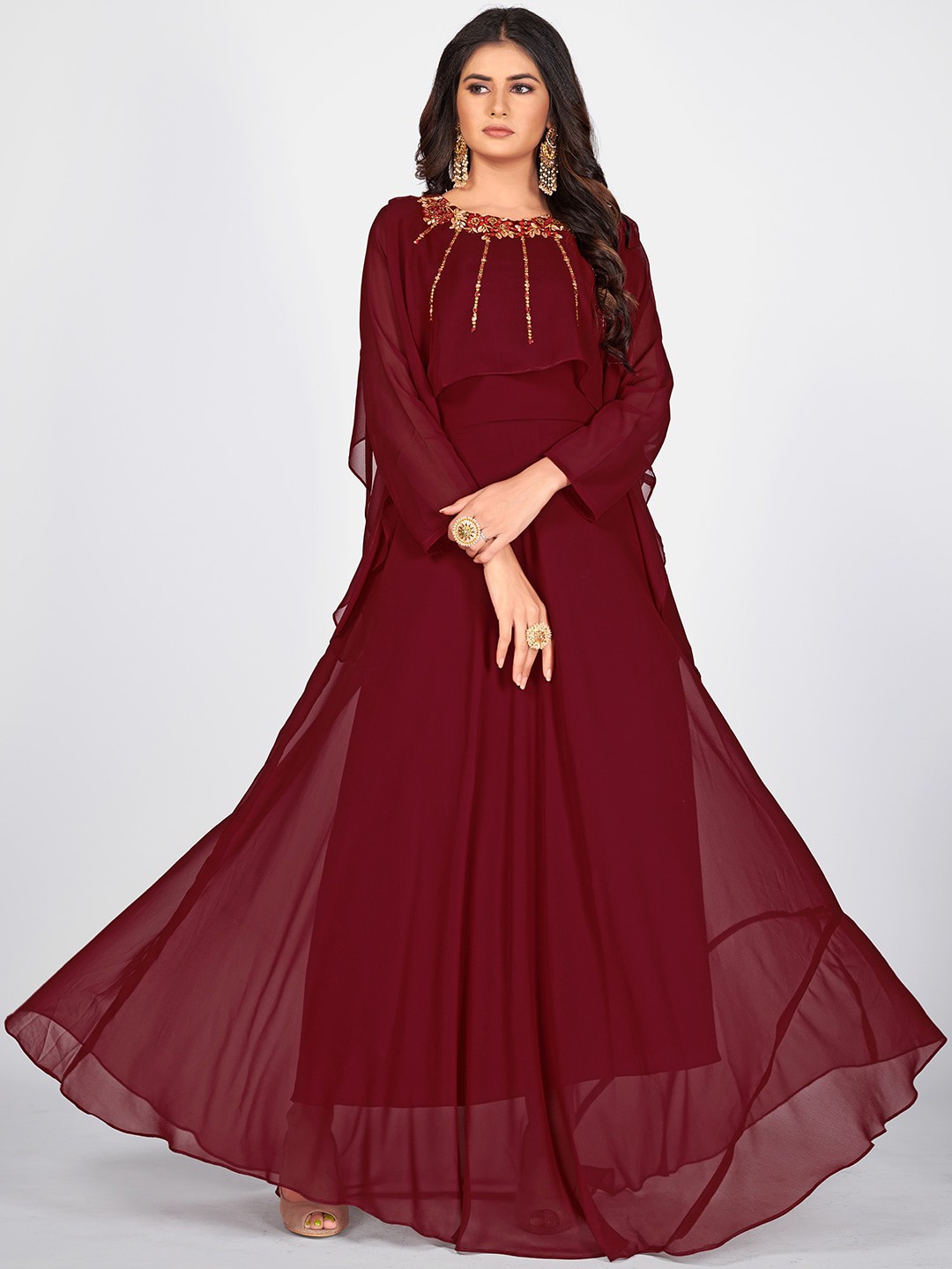 

SHOPGARB Women Maroon Flared Sleeves Georgette Anarkali Kurta