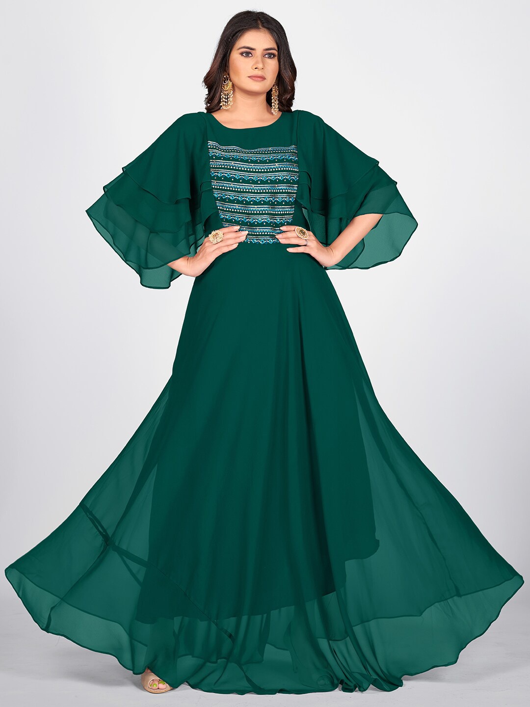 

SHOPGARB Women Green Floral Embroidered Flared Sleeves Georgette Anarkali Kurta