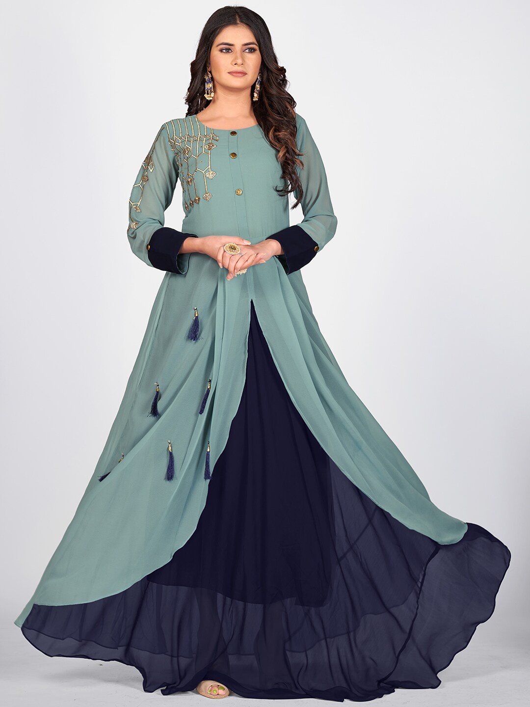 

SHOPGARB Women Teal Blue Embroidered Georgette Anarkali Kurta