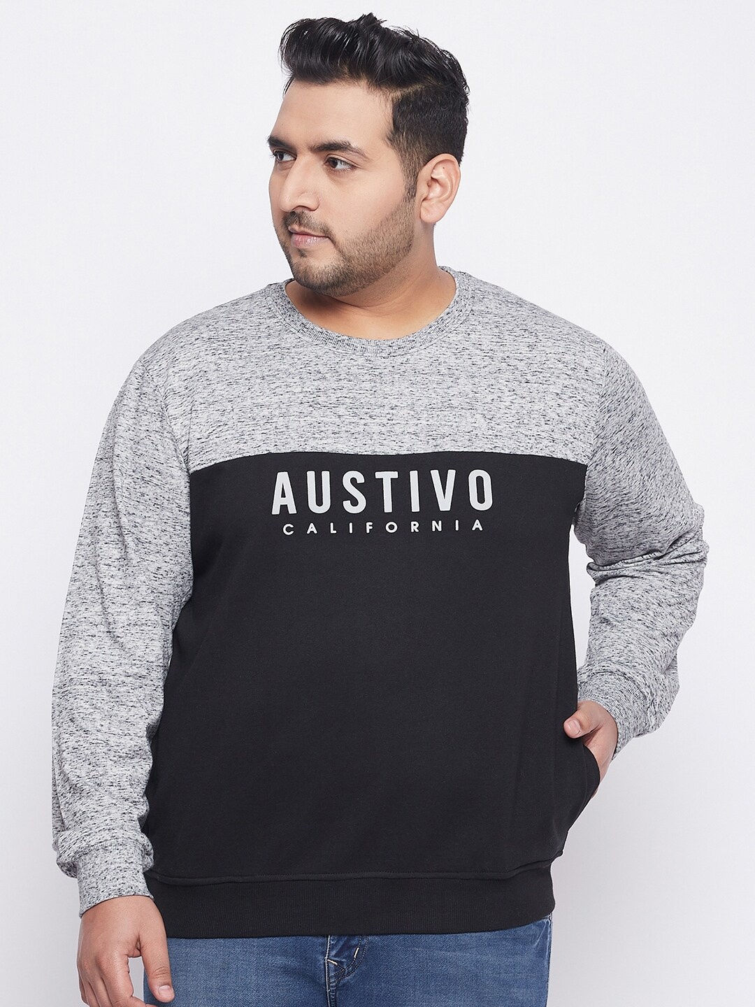

AUSTIVO Men Black & Grey Colourblocked Cotton Sweatshirt