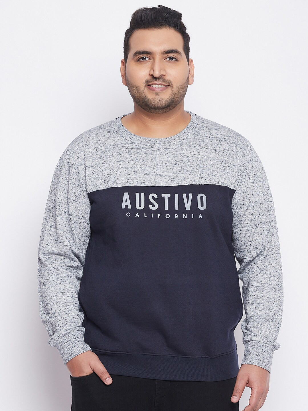 

AUSTIVO Men Grey Colourblocked Round Neck Sweatshirt